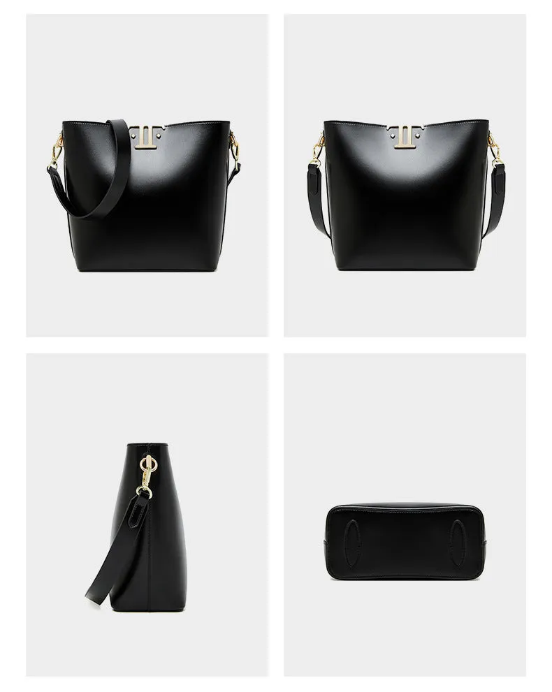 21CM Large Capacity Commuter Leather Underarm Bucket Bag 2819 black