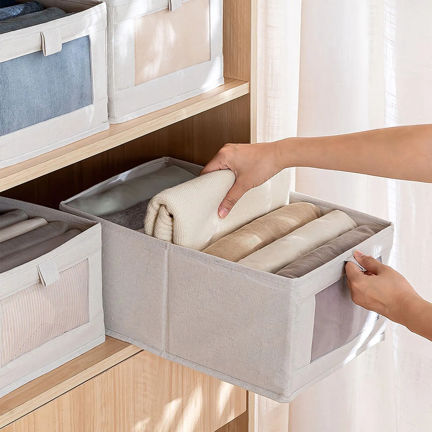 4Pcs Foldable Linen Clothing Storage Bin with Visible Clear Window Convenient Handle Multipurpose Collapsible Storage Basket Closet Fabric Container For Shelves Bedroom