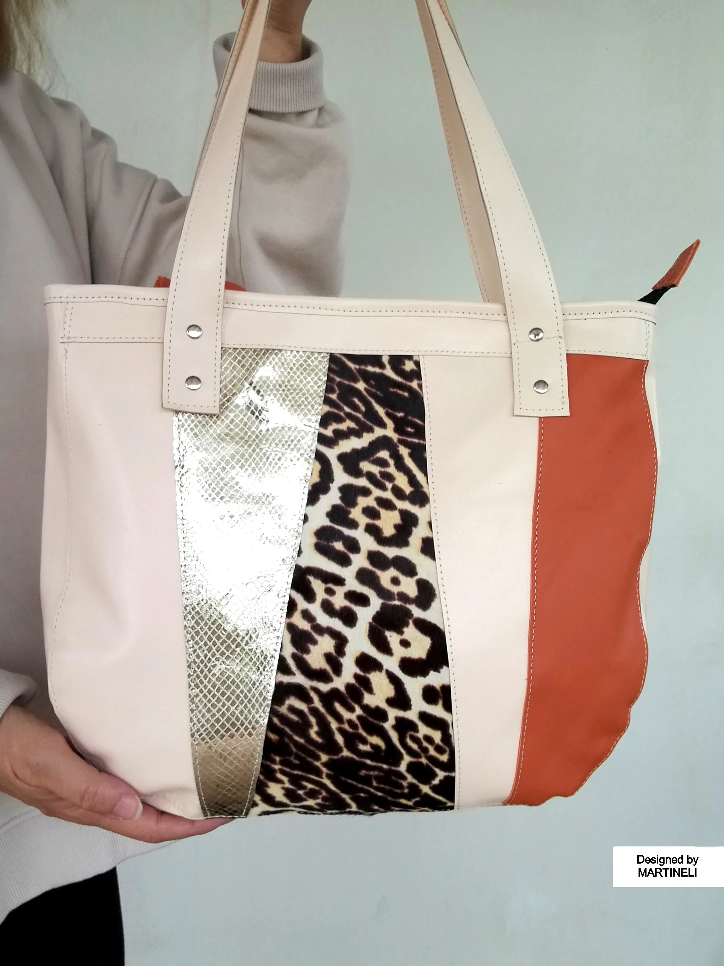 Animal Print Leather Tote Bag Large Beige Italian Leather Shoulder Bag