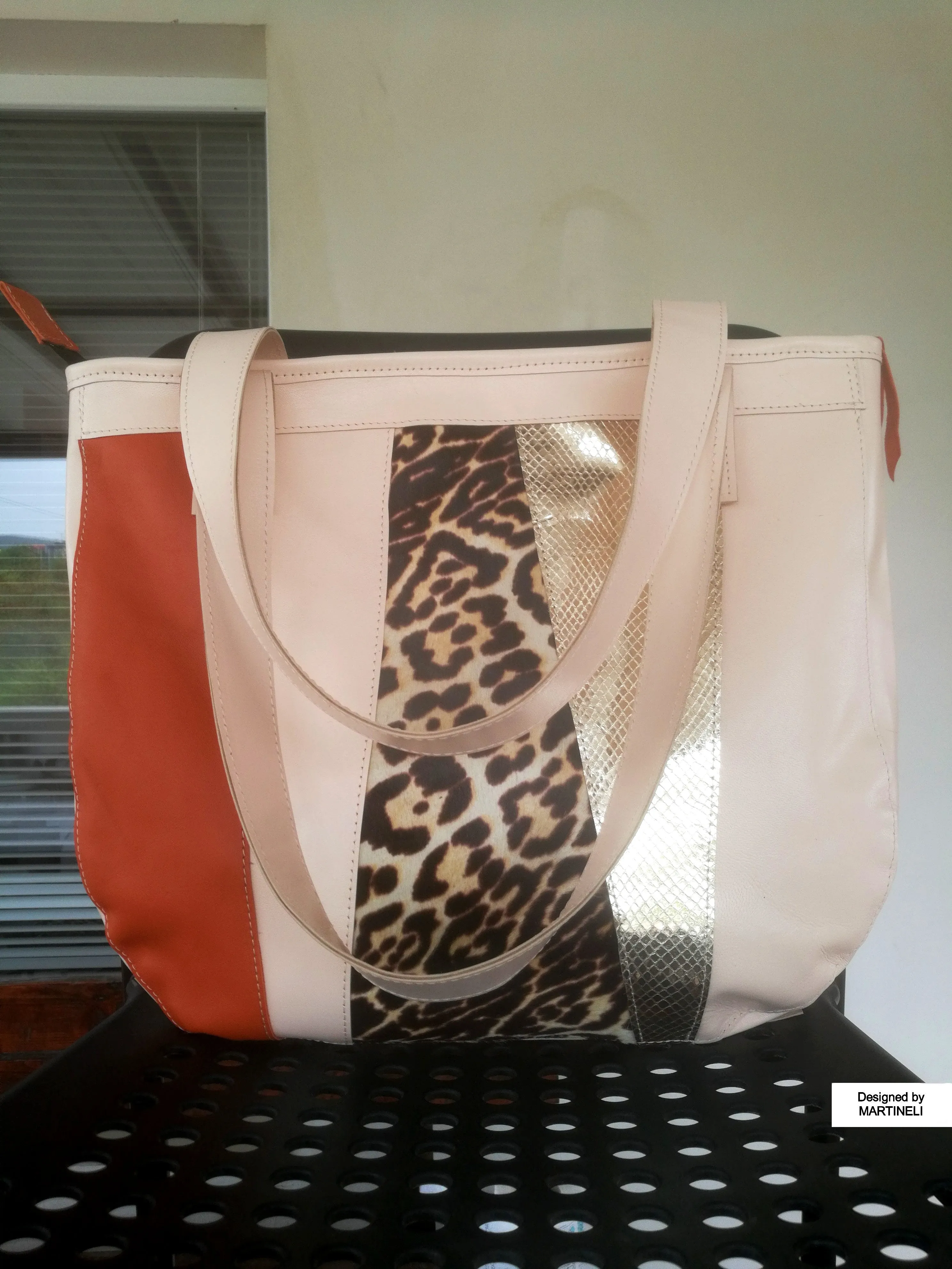 Animal Print Leather Tote Bag Large Beige Italian Leather Shoulder Bag