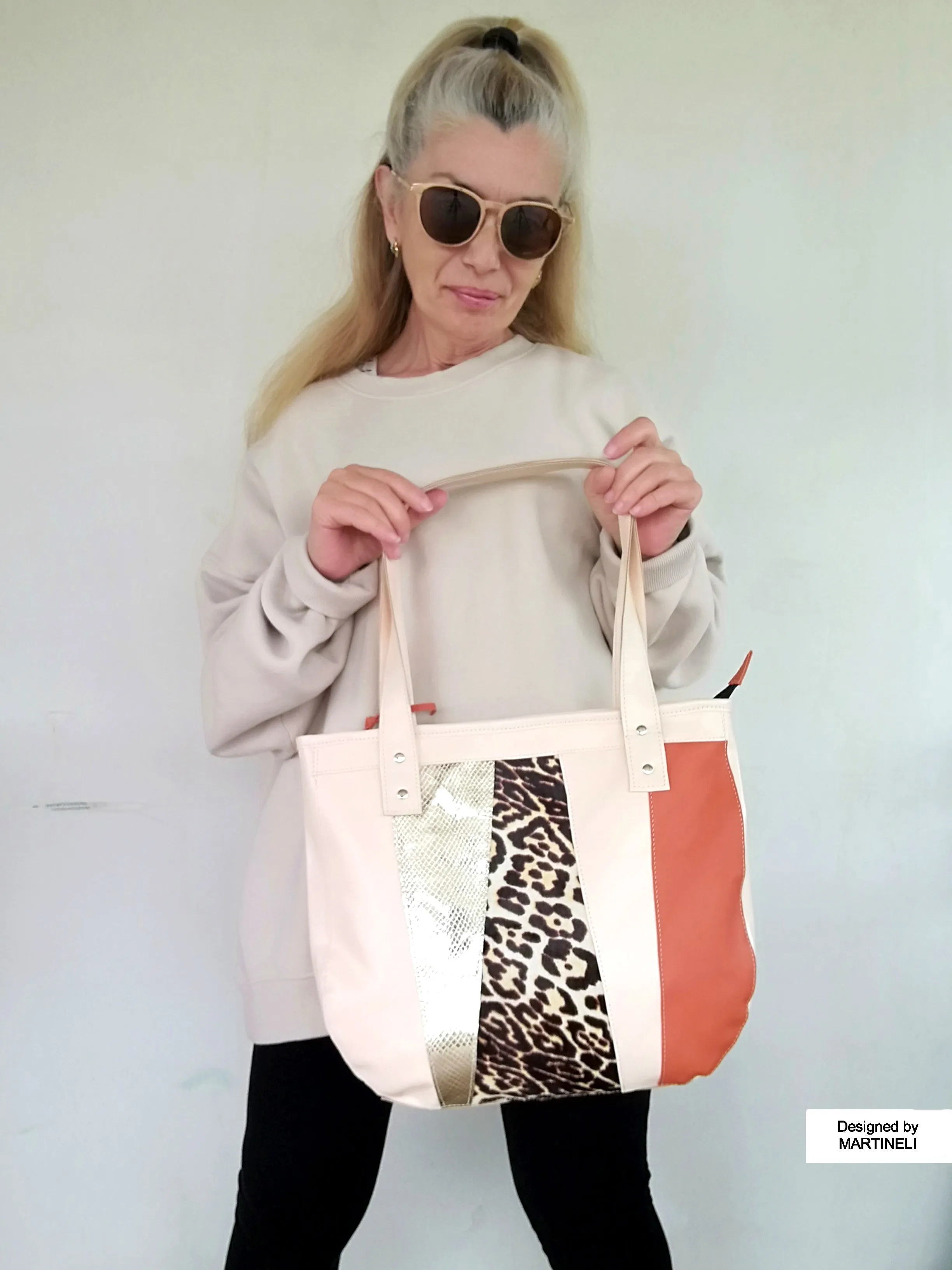 Animal Print Leather Tote Bag Large Beige Italian Leather Shoulder Bag