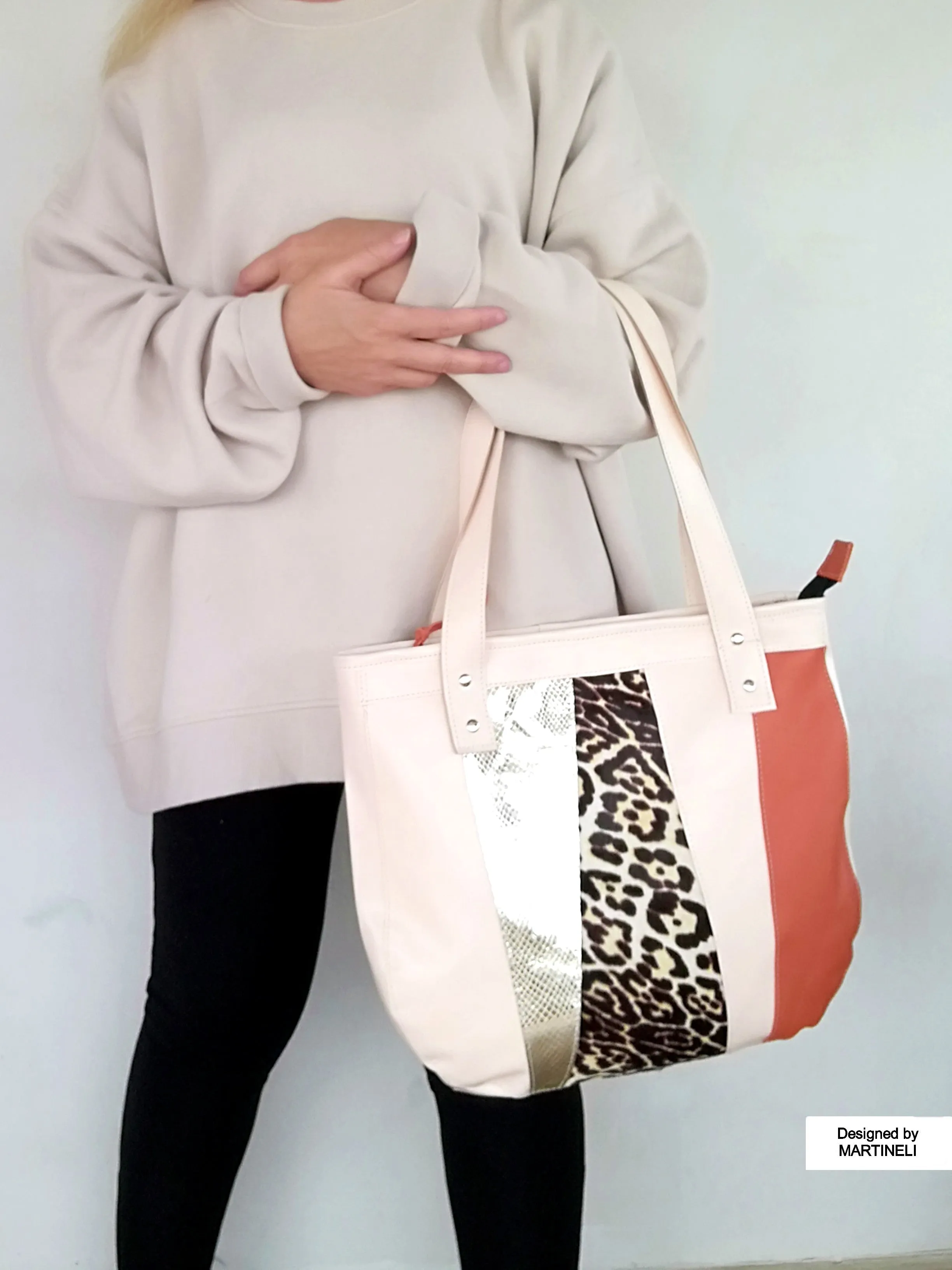 Animal Print Leather Tote Bag Large Beige Italian Leather Shoulder Bag