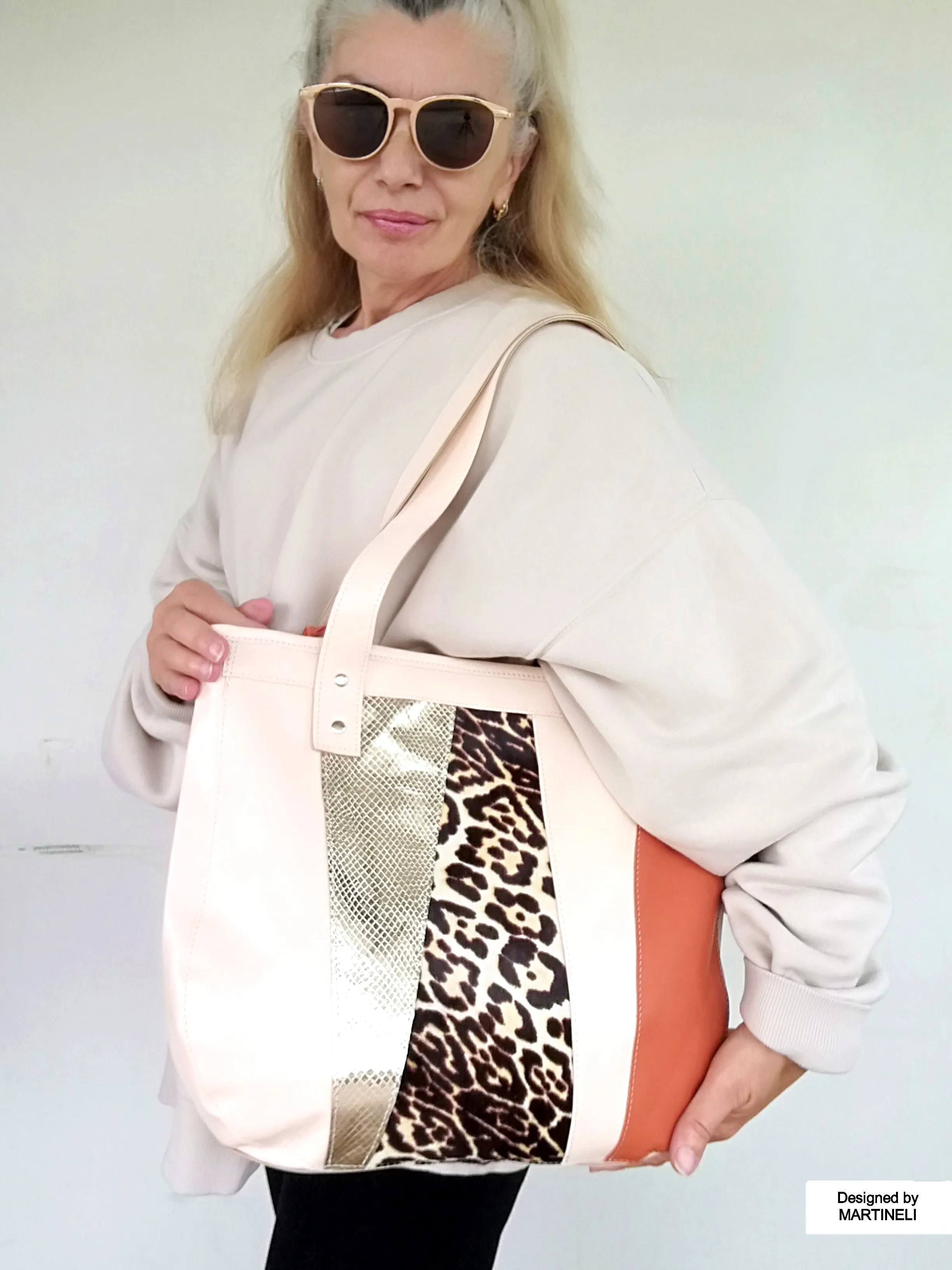 Animal Print Leather Tote Bag Large Beige Italian Leather Shoulder Bag
