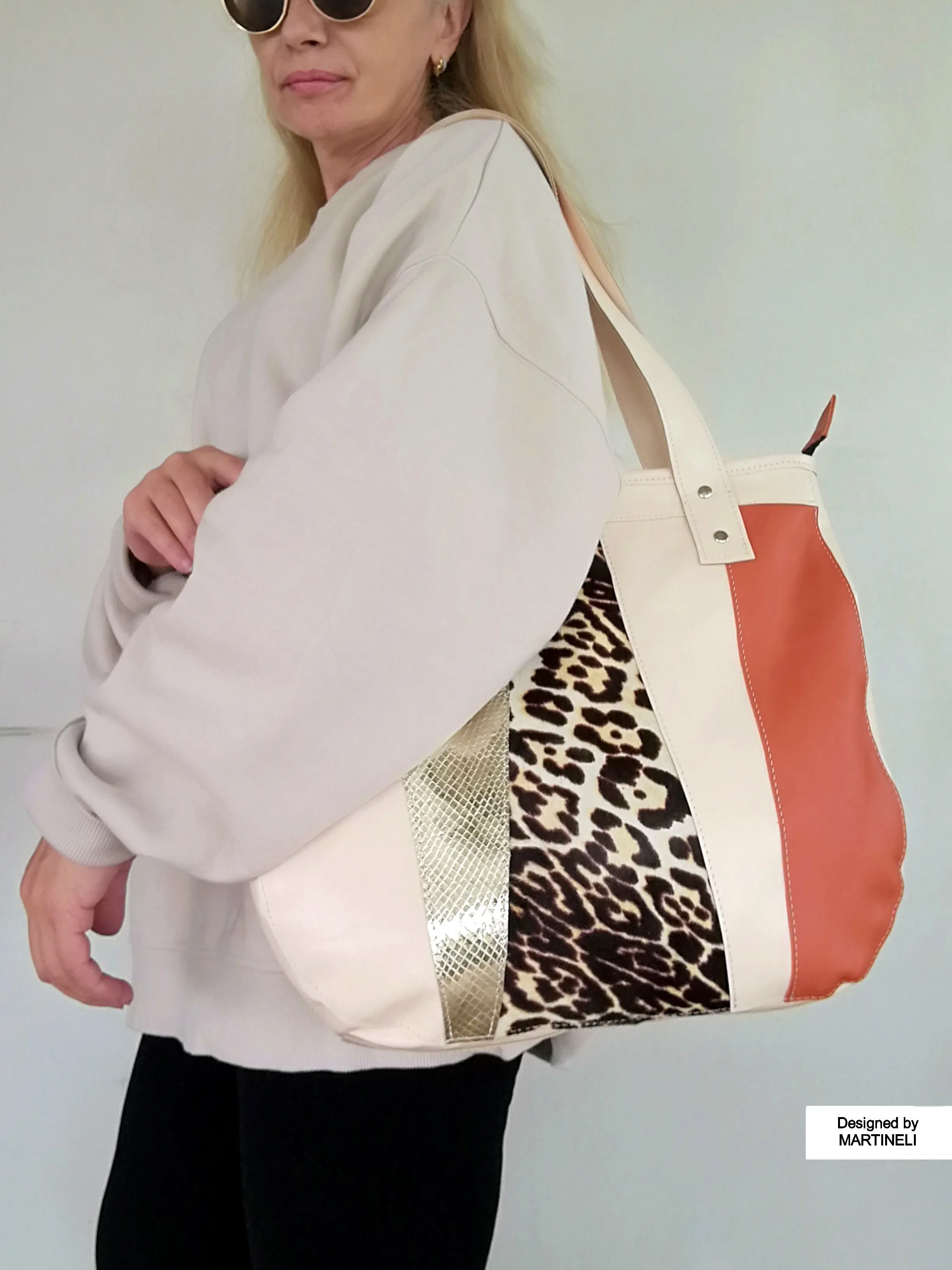 Animal Print Leather Tote Bag Large Beige Italian Leather Shoulder Bag