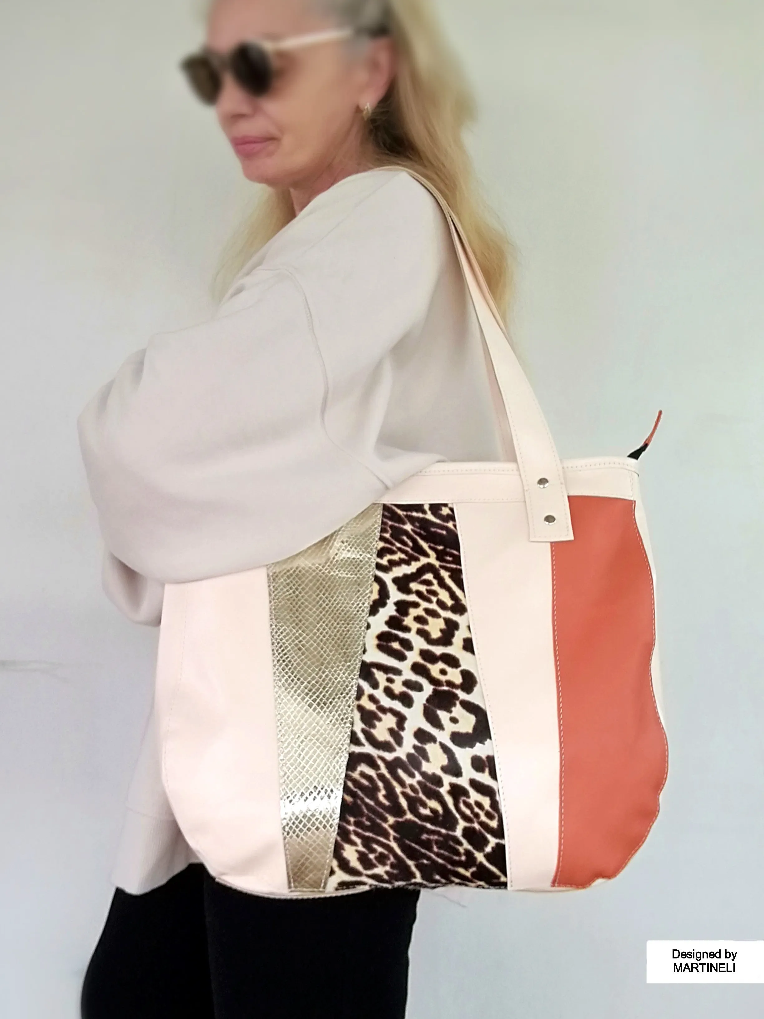 Animal Print Leather Tote Bag Large Beige Italian Leather Shoulder Bag