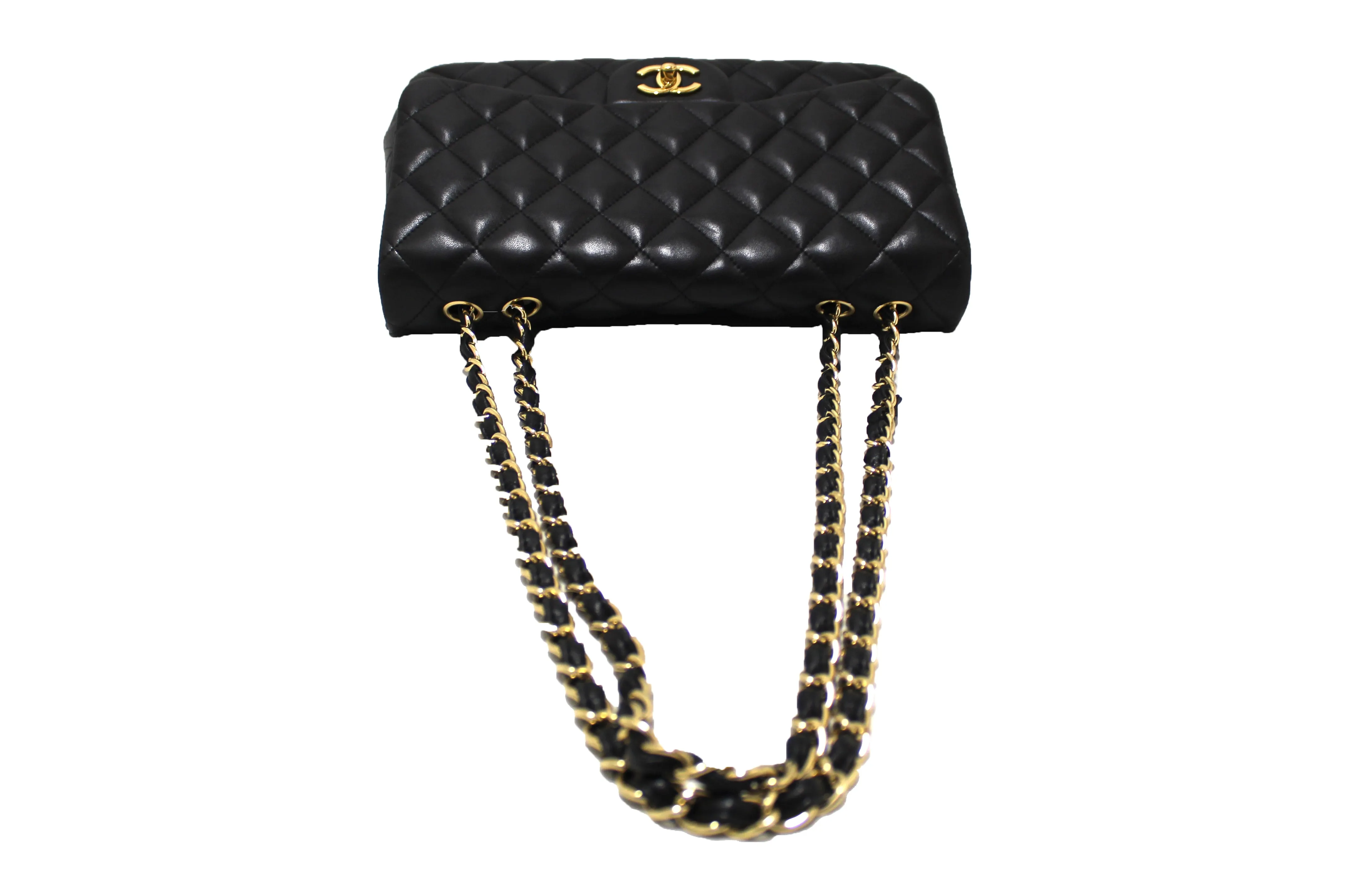Authentic Chanel Black Quilted Lambskin Leather Jumbo Single Flap Bag