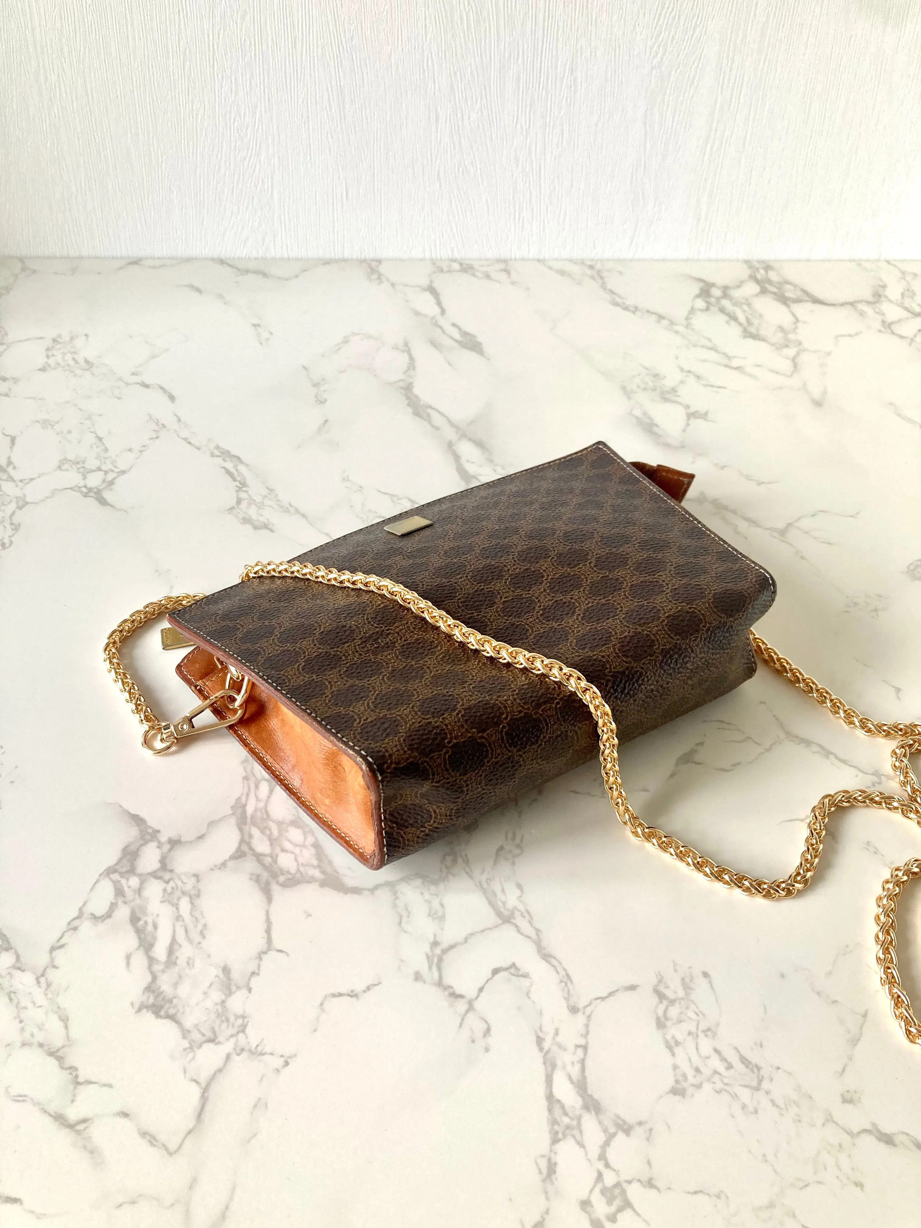 CELINE 稀有貝殼型咖啡色老花小包/側背包