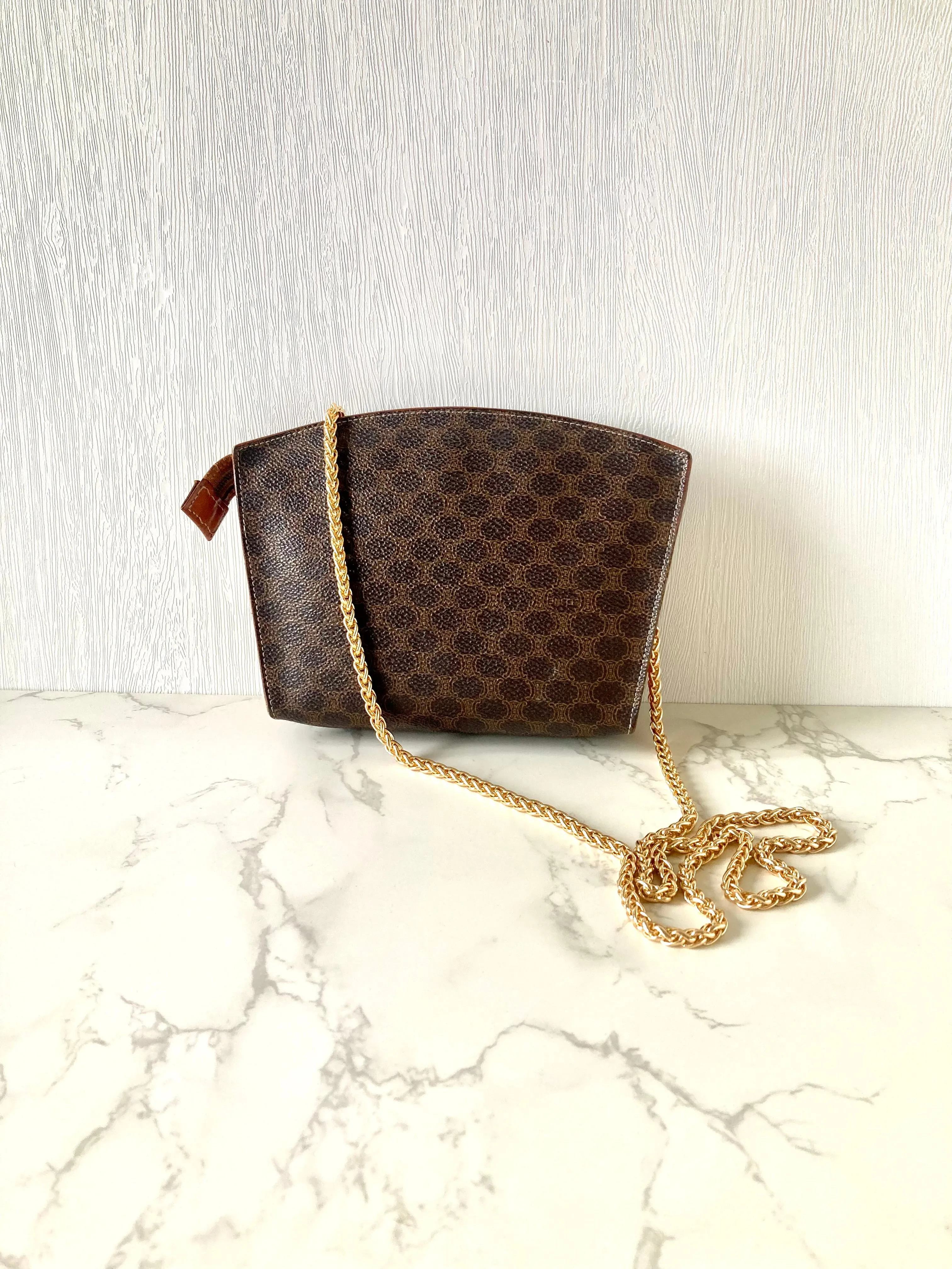CELINE 稀有貝殼型咖啡色老花小包/側背包