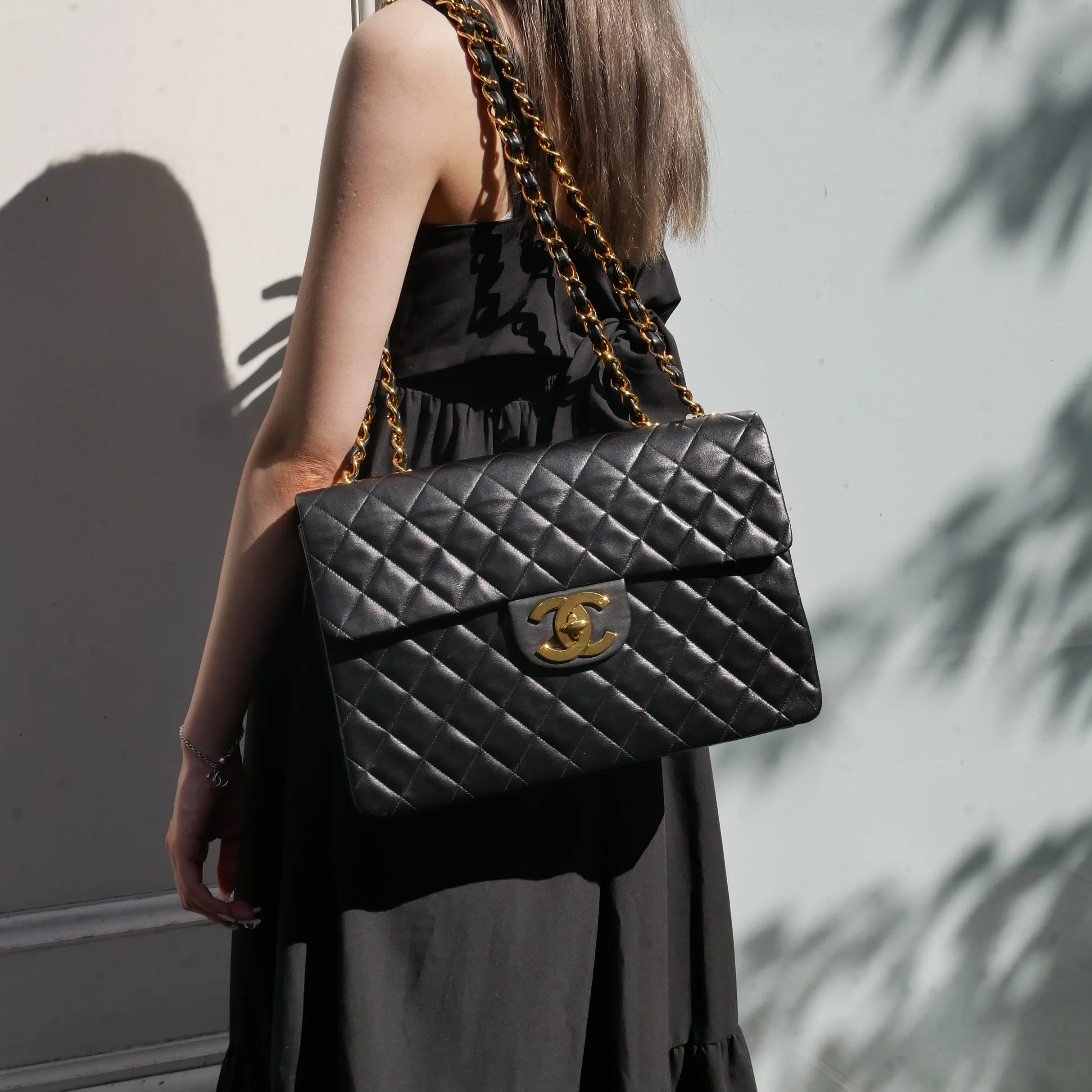 Chanel 1991-1994 Black Lambskin Classic Flap Maxi 90649