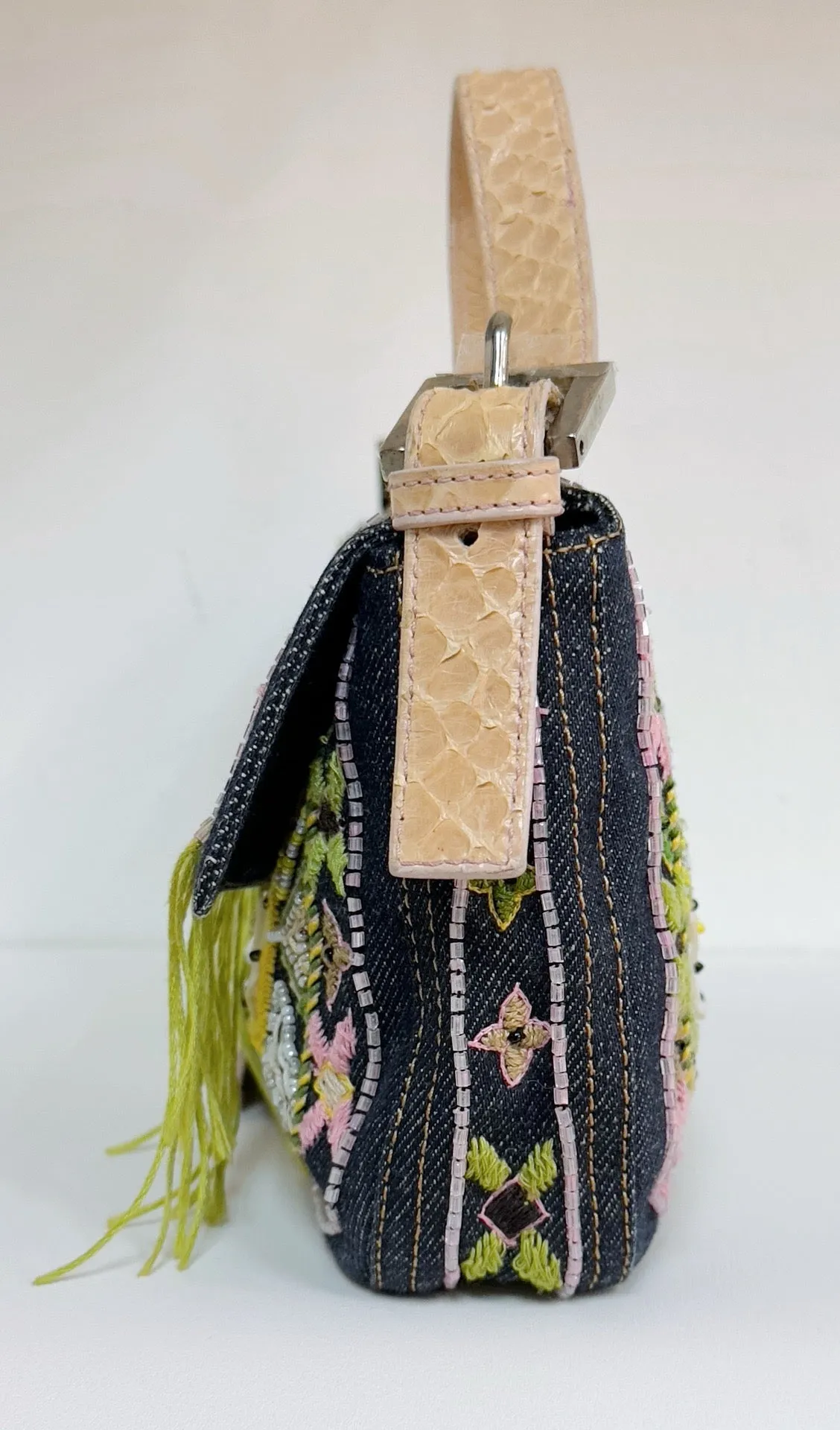 Fendi Denim Snakeskin Beaded Baguette Multicolor