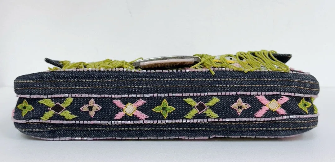 Fendi Denim Snakeskin Beaded Baguette Multicolor