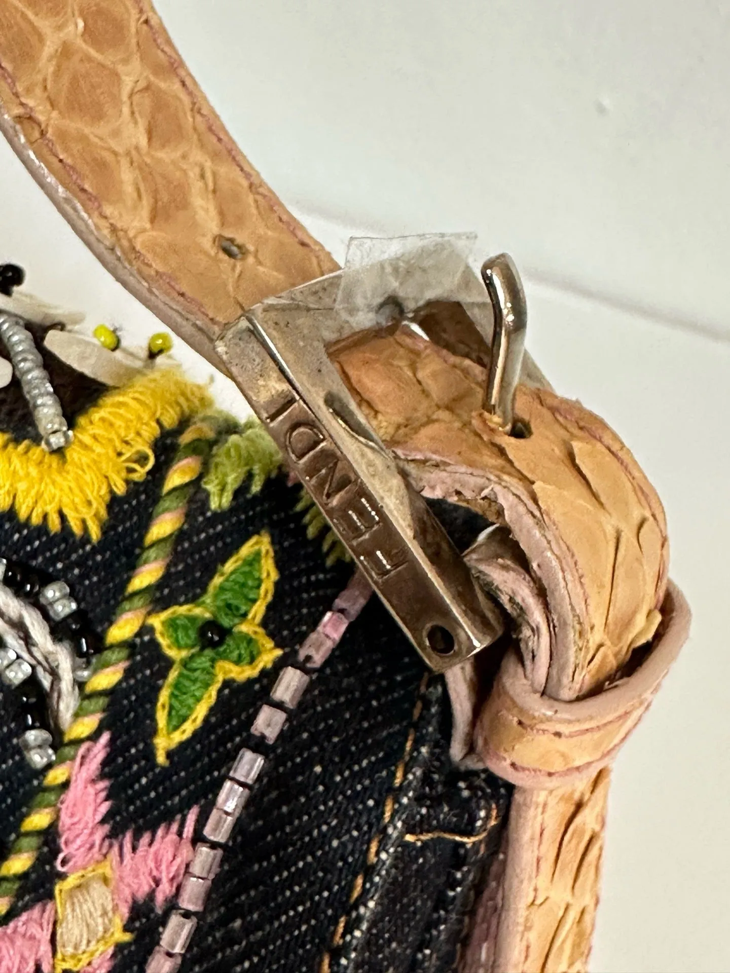 Fendi Denim Snakeskin Beaded Baguette Multicolor