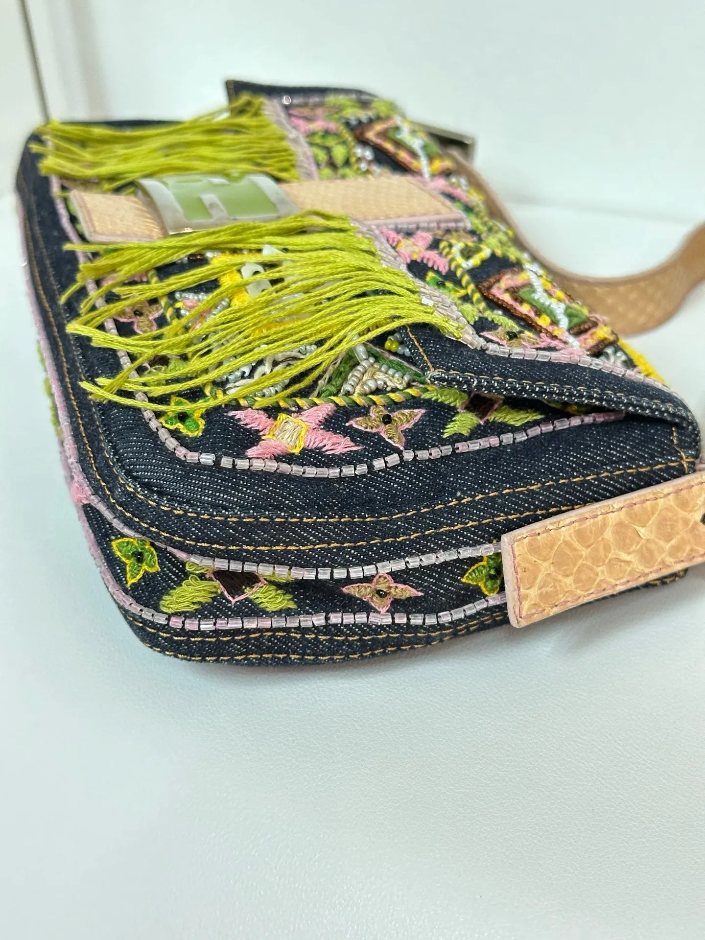 Fendi Denim Snakeskin Beaded Baguette Multicolor