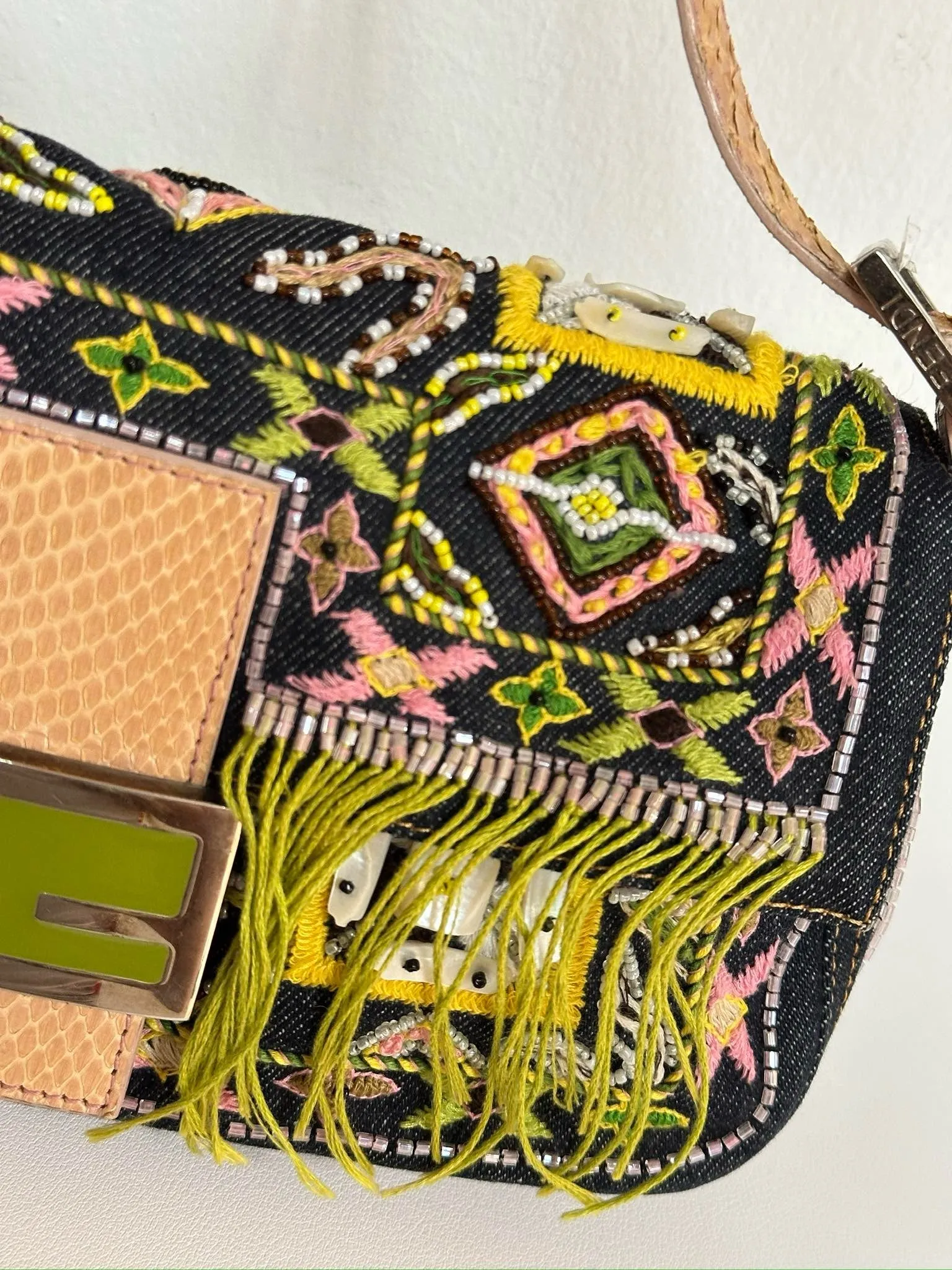 Fendi Denim Snakeskin Beaded Baguette Multicolor