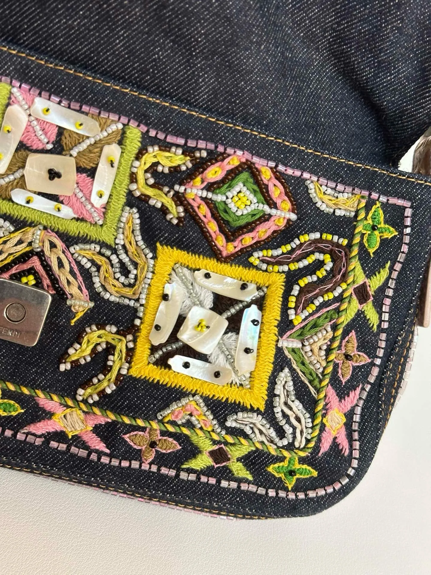 Fendi Denim Snakeskin Beaded Baguette Multicolor
