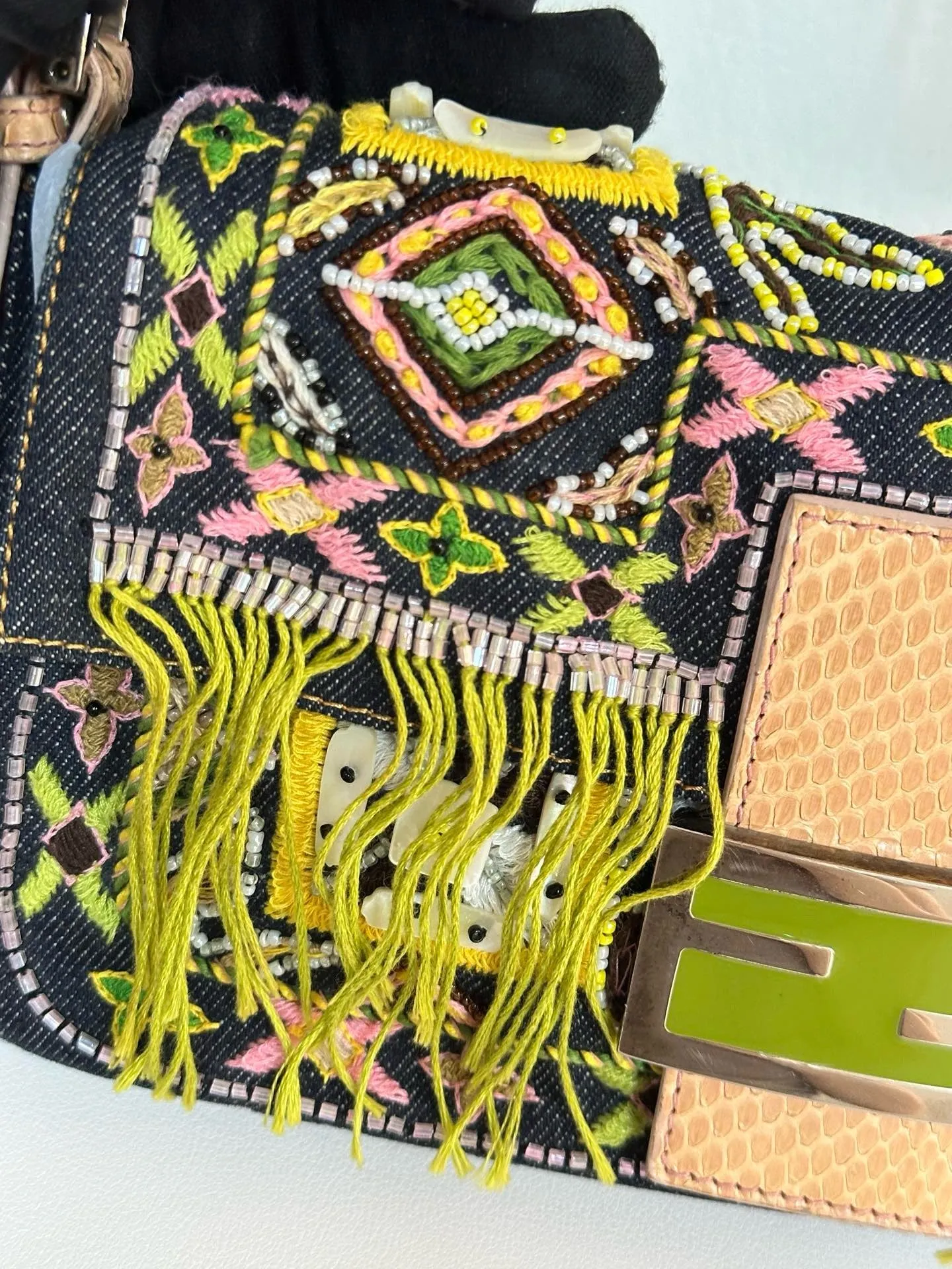Fendi Denim Snakeskin Beaded Baguette Multicolor