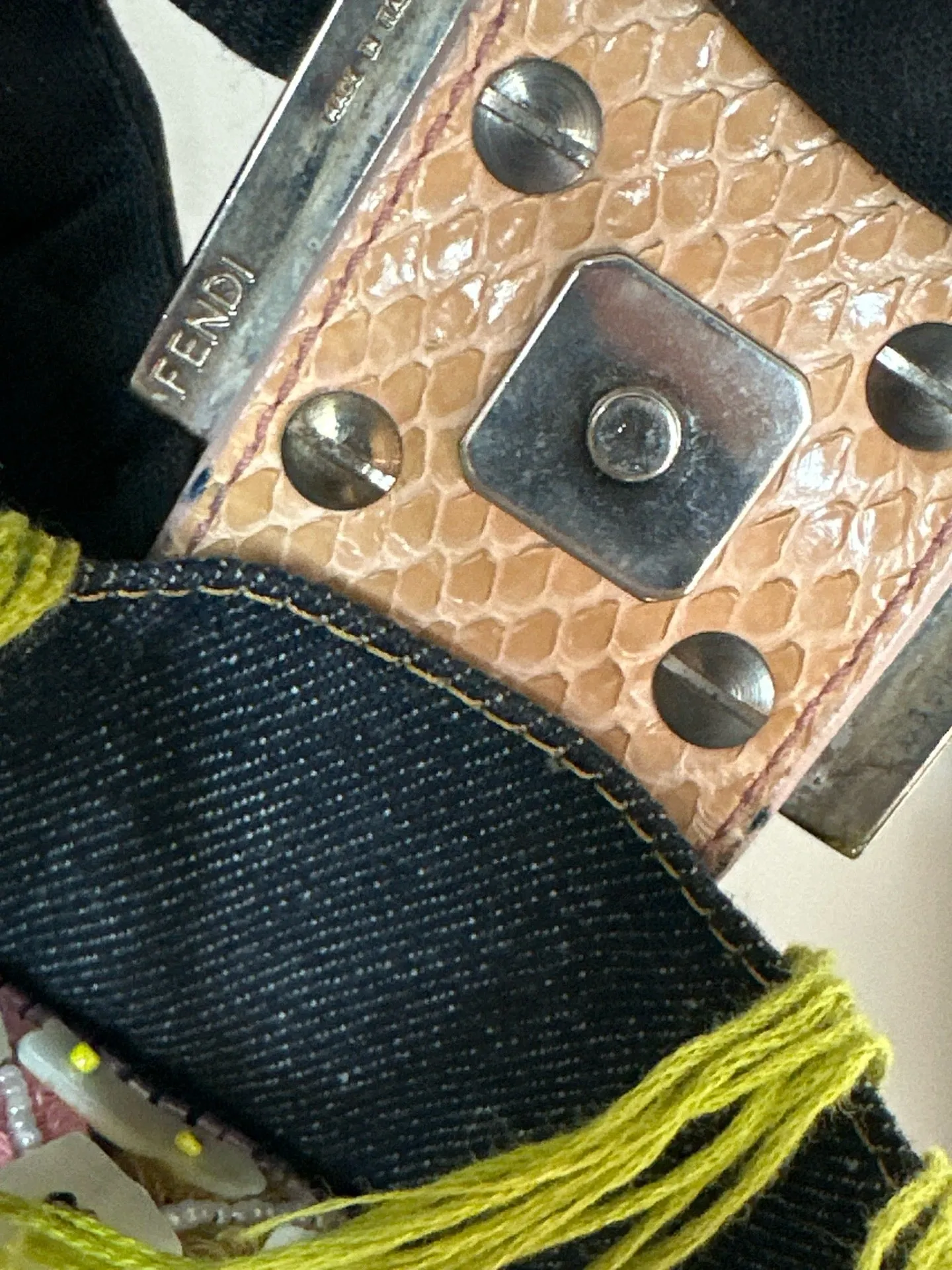 Fendi Denim Snakeskin Beaded Baguette Multicolor