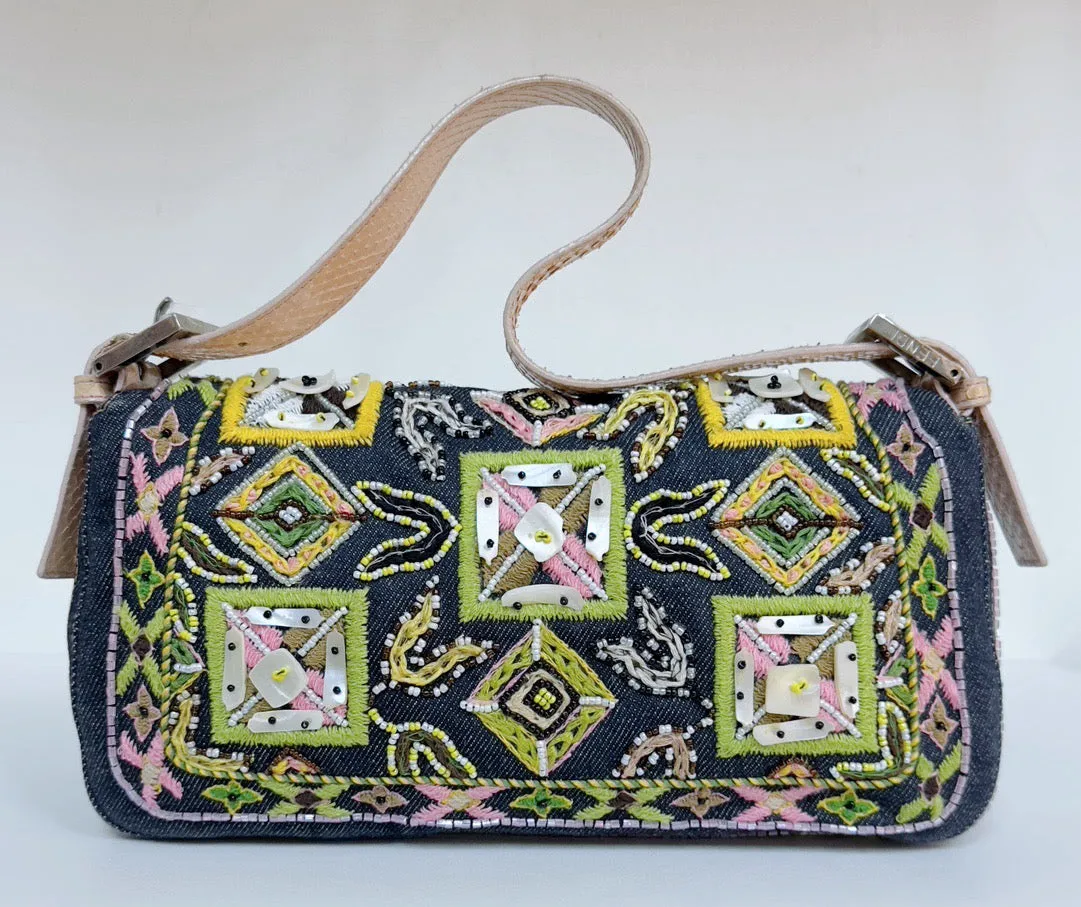 Fendi Denim Snakeskin Beaded Baguette Multicolor