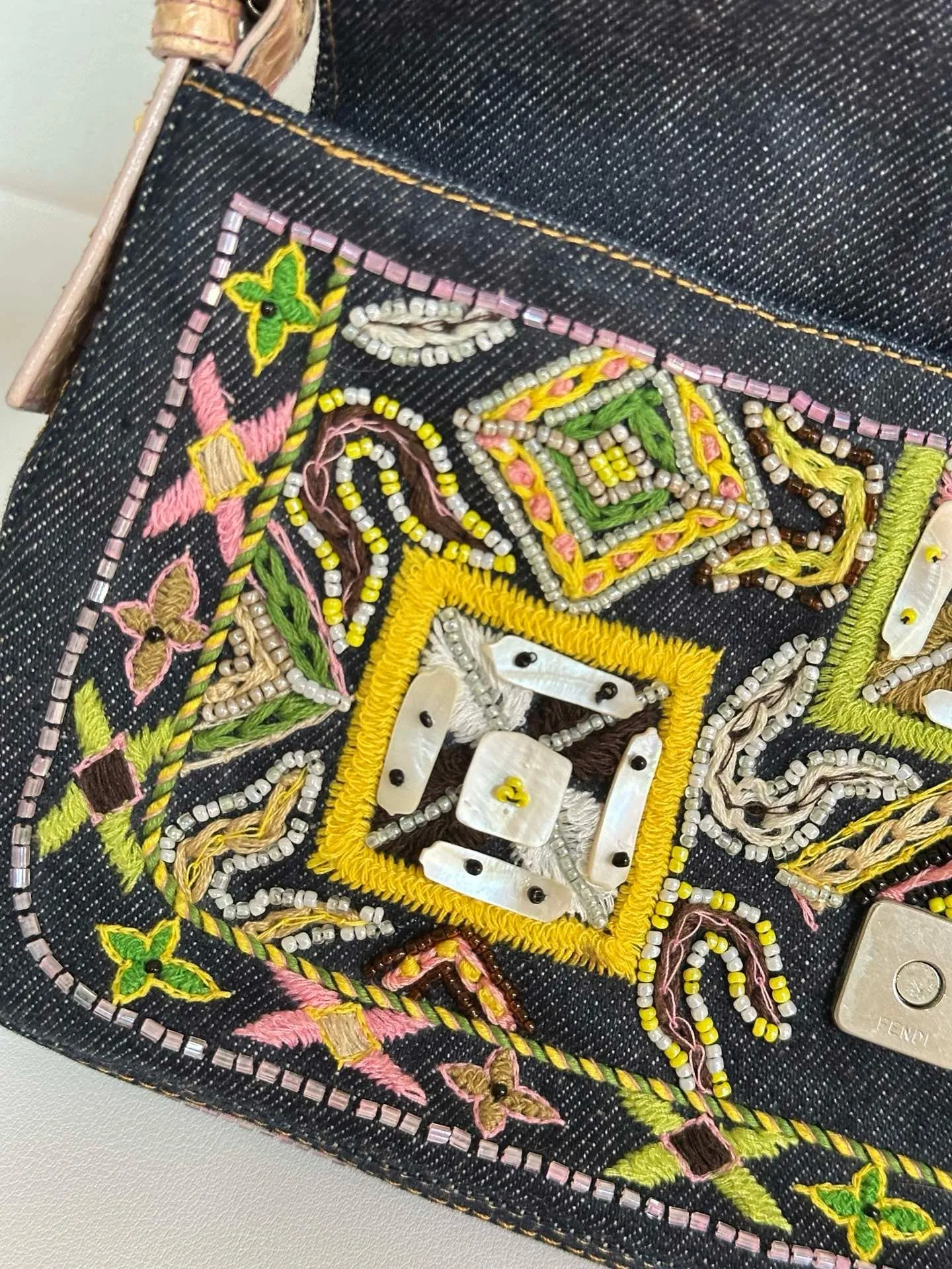 Fendi Denim Snakeskin Beaded Baguette Multicolor