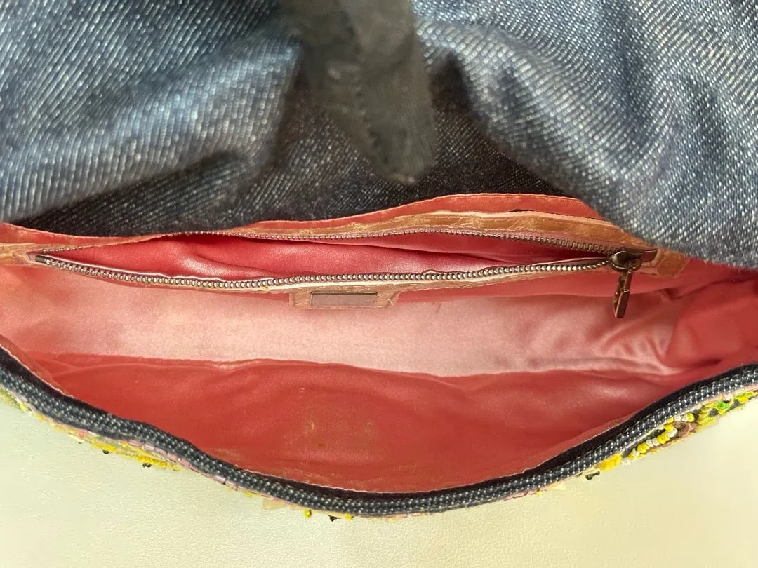 Fendi Denim Snakeskin Beaded Baguette Multicolor