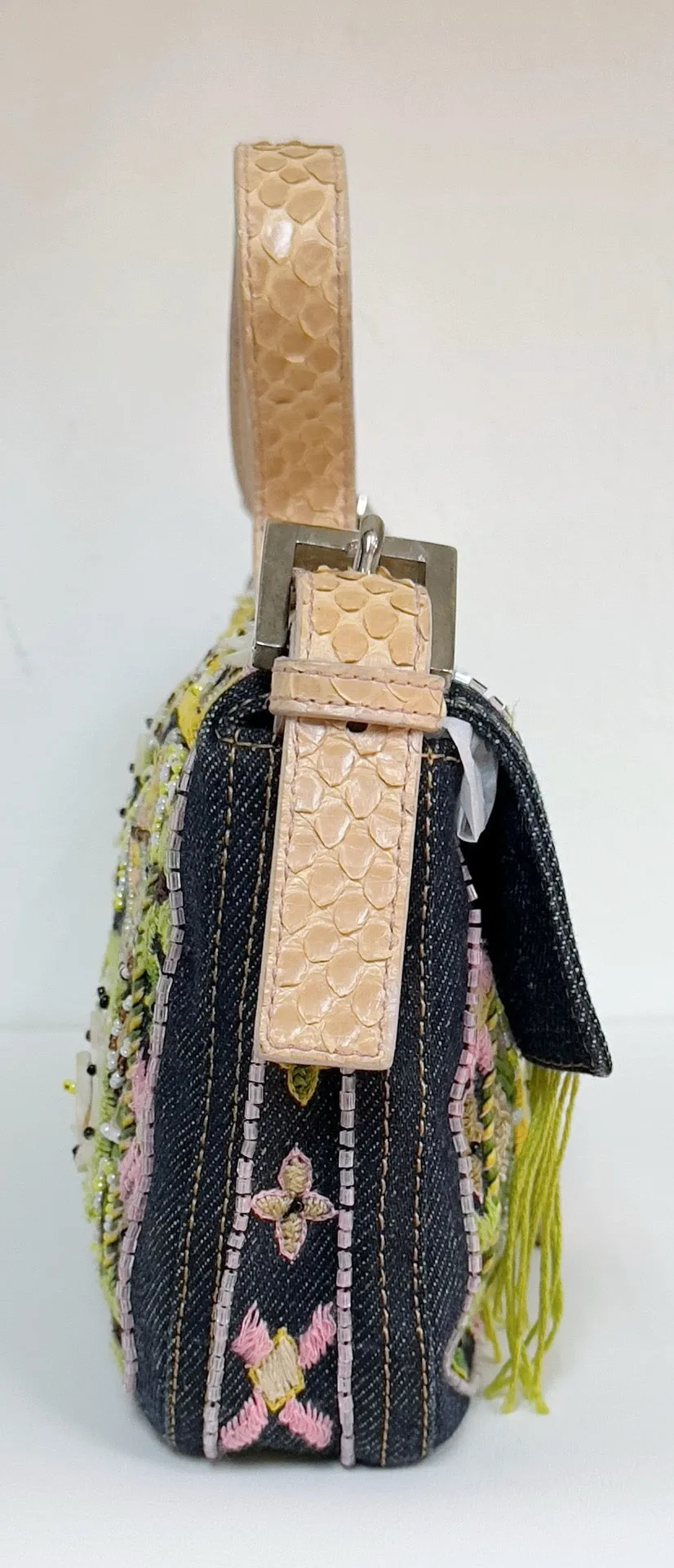 Fendi Denim Snakeskin Beaded Baguette Multicolor