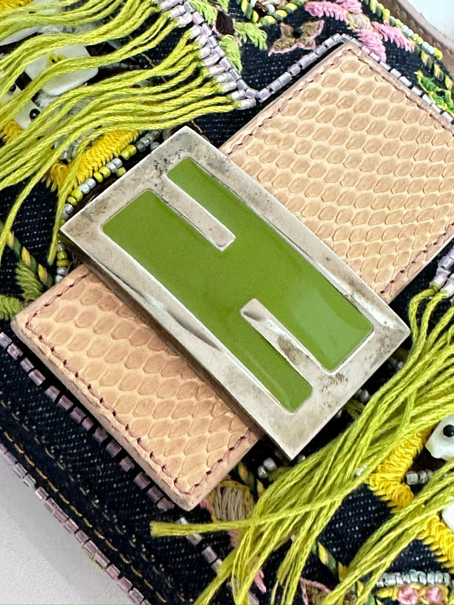 Fendi Denim Snakeskin Beaded Baguette Multicolor