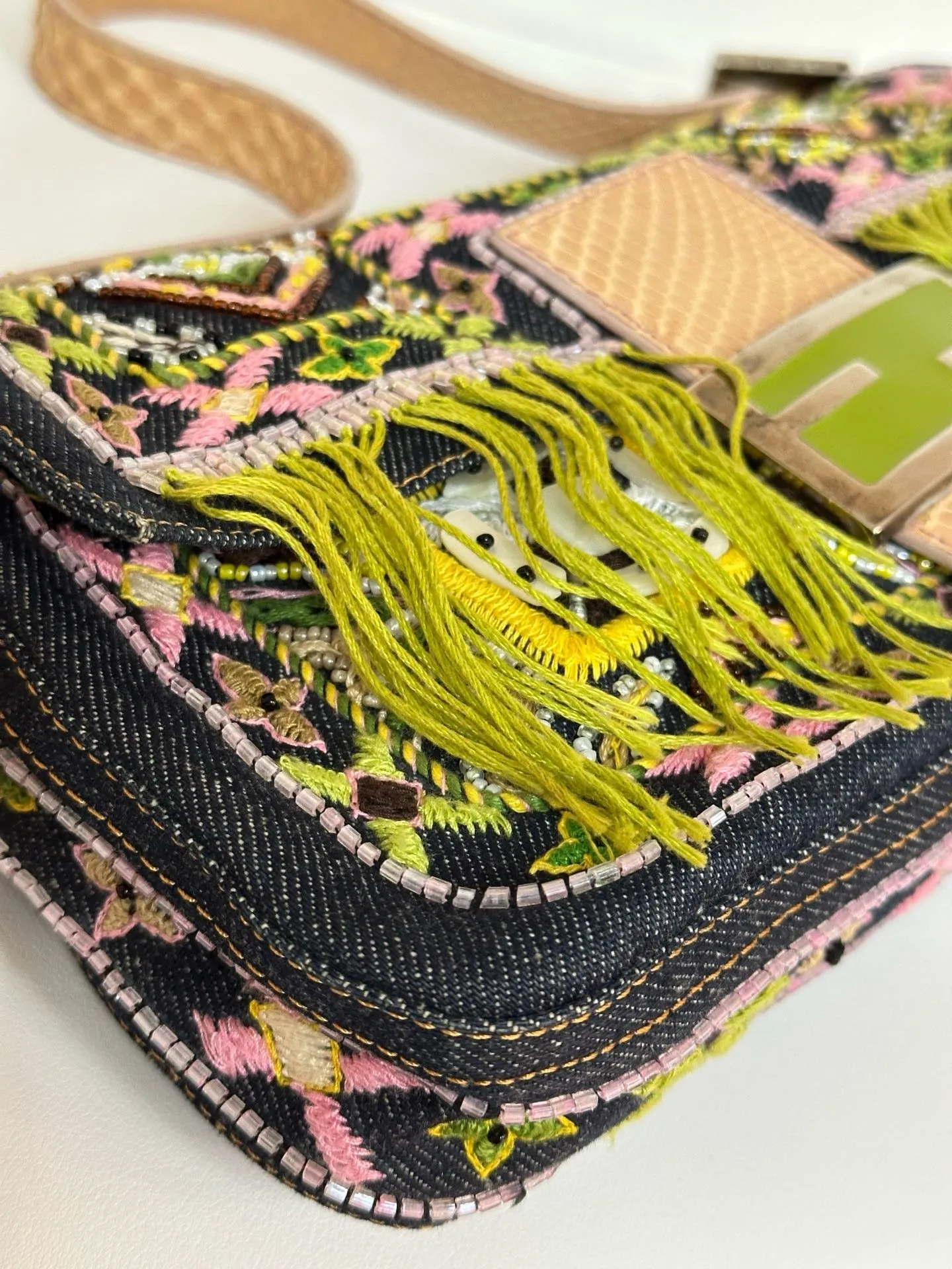 Fendi Denim Snakeskin Beaded Baguette Multicolor