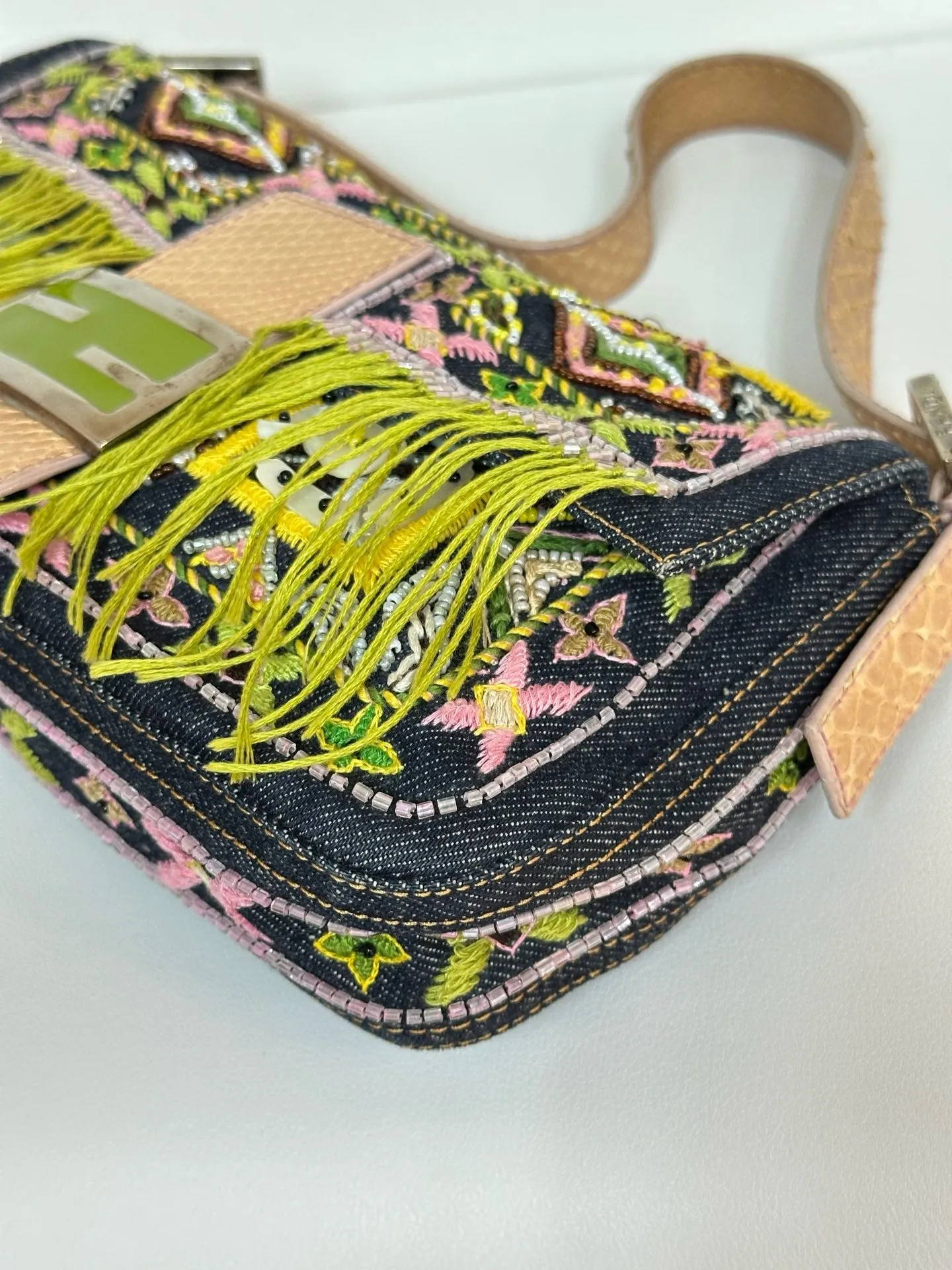 Fendi Denim Snakeskin Beaded Baguette Multicolor