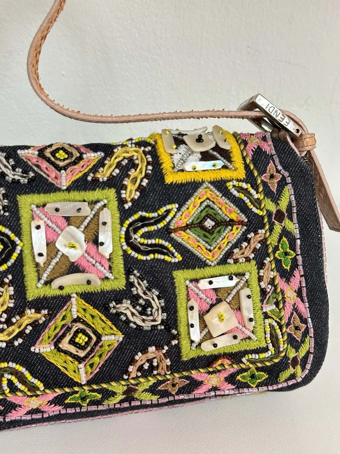 Fendi Denim Snakeskin Beaded Baguette Multicolor