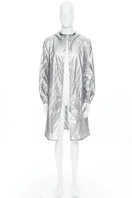 FENDI Nicki Minaj Prints On metallic silver FF Zucca monogram anorak coat L