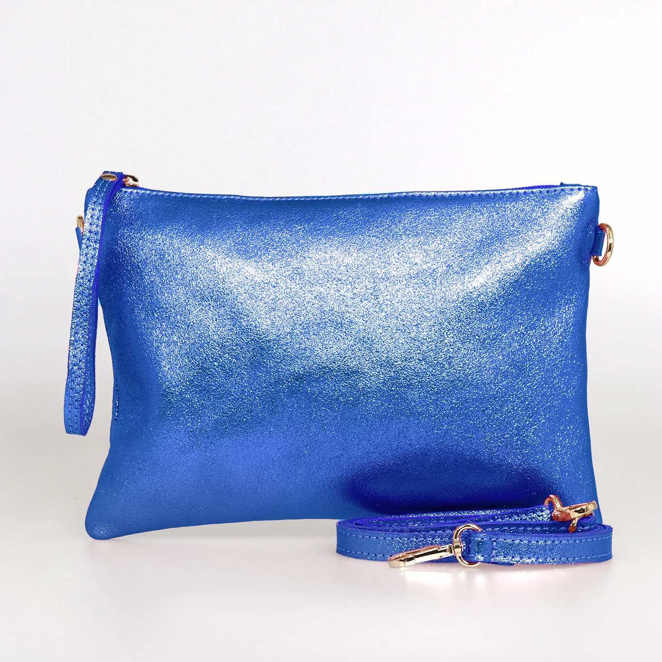 Jenna - Italian Leather Clutch Bag - Royal Blue, Metallic