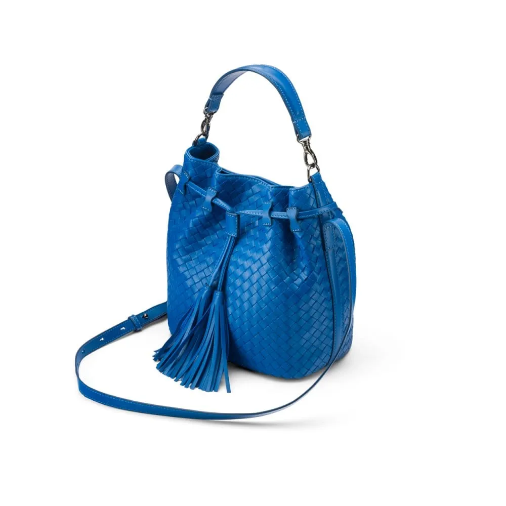 Kelly Woven Leather Bucket Bag - Cobalt