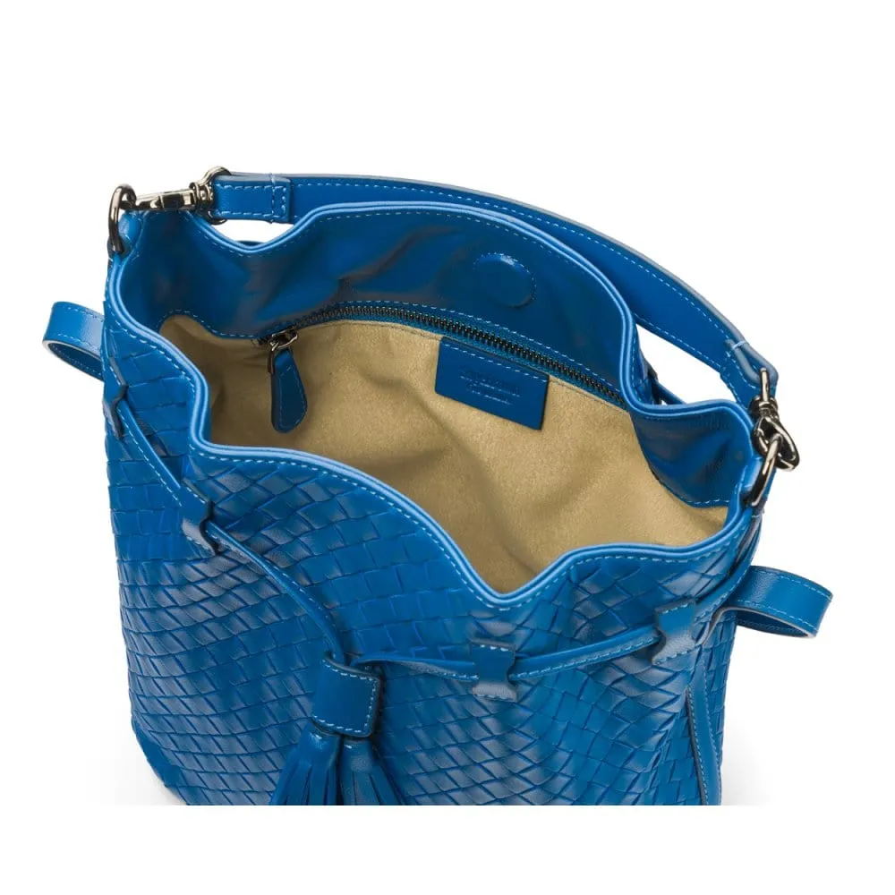 Kelly Woven Leather Bucket Bag - Cobalt