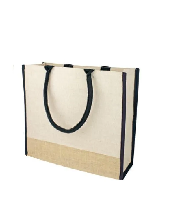 Large Reusable Jute Blend Tote Bags Burlap Accents and Full Gusset - TJ913