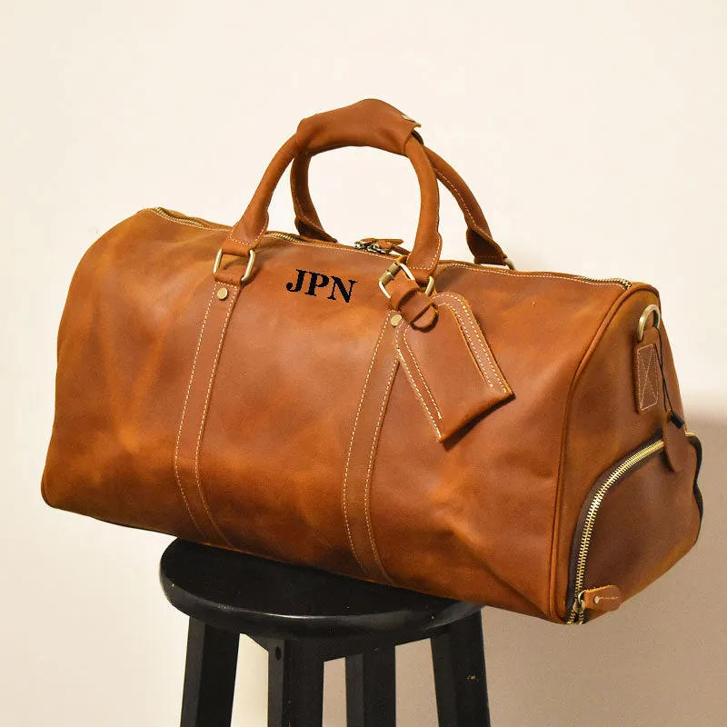 Leather Duffle Bag/Monogrammed Leather Weekender Bag/Leather Holdall/Overnight Bag For Men