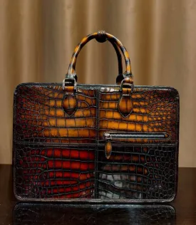 Men's Vintage Multi Color Crocodile Leather Briefcase With Carry on Duffel Bag Trolley Sleeve 38498