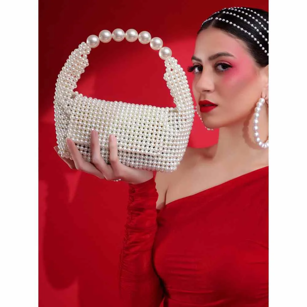 Modarta By Kamakshi White Ladies Purse Pearls Handbag for Women