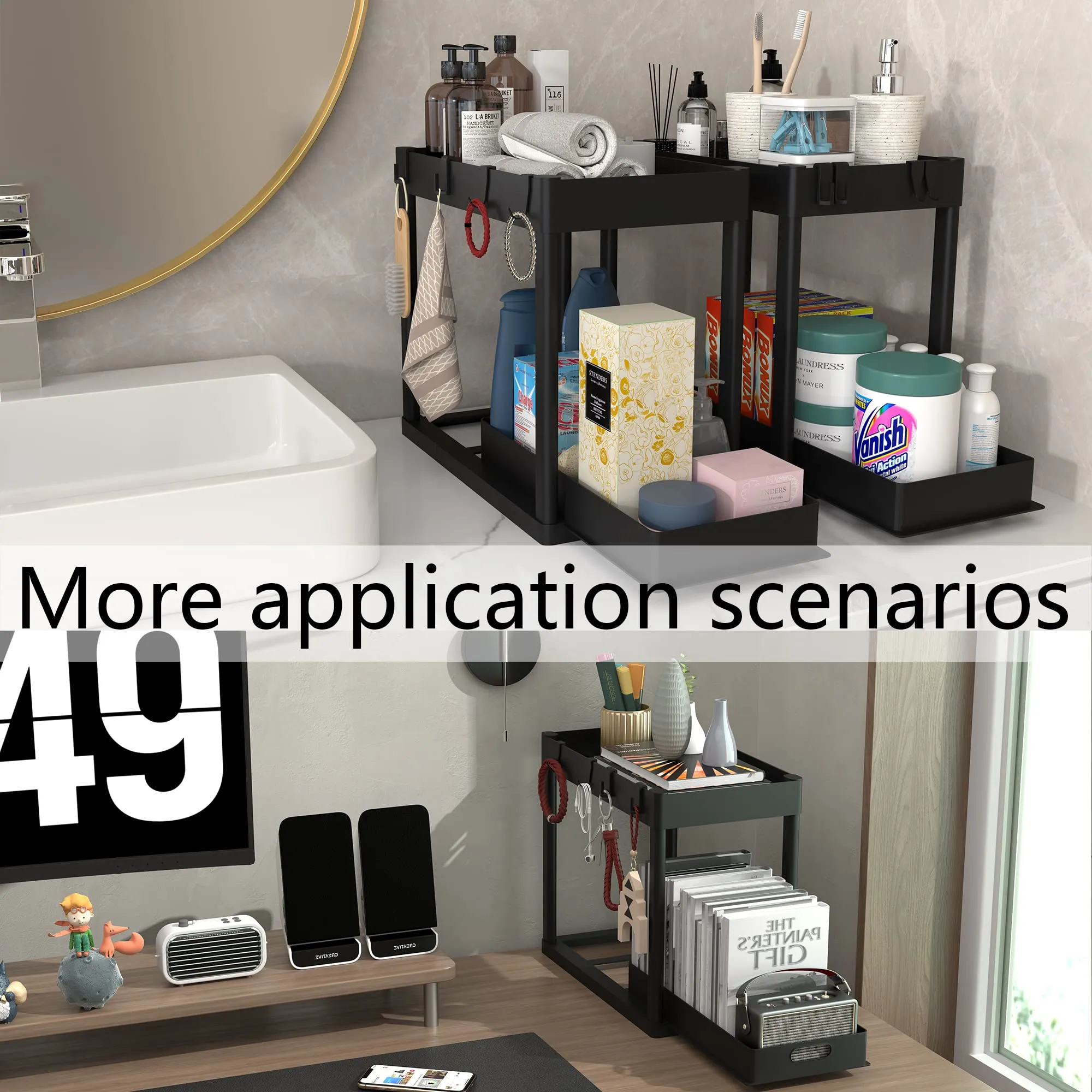 POUGNY 2PC Under Sink Organizer Rack 2 Tier Under Sliding Cabinet Basket Organizer Drawer with 4 Hooks, Multi-purpose Under Sink Storage for Bathroom Kitchen DesktopBlack