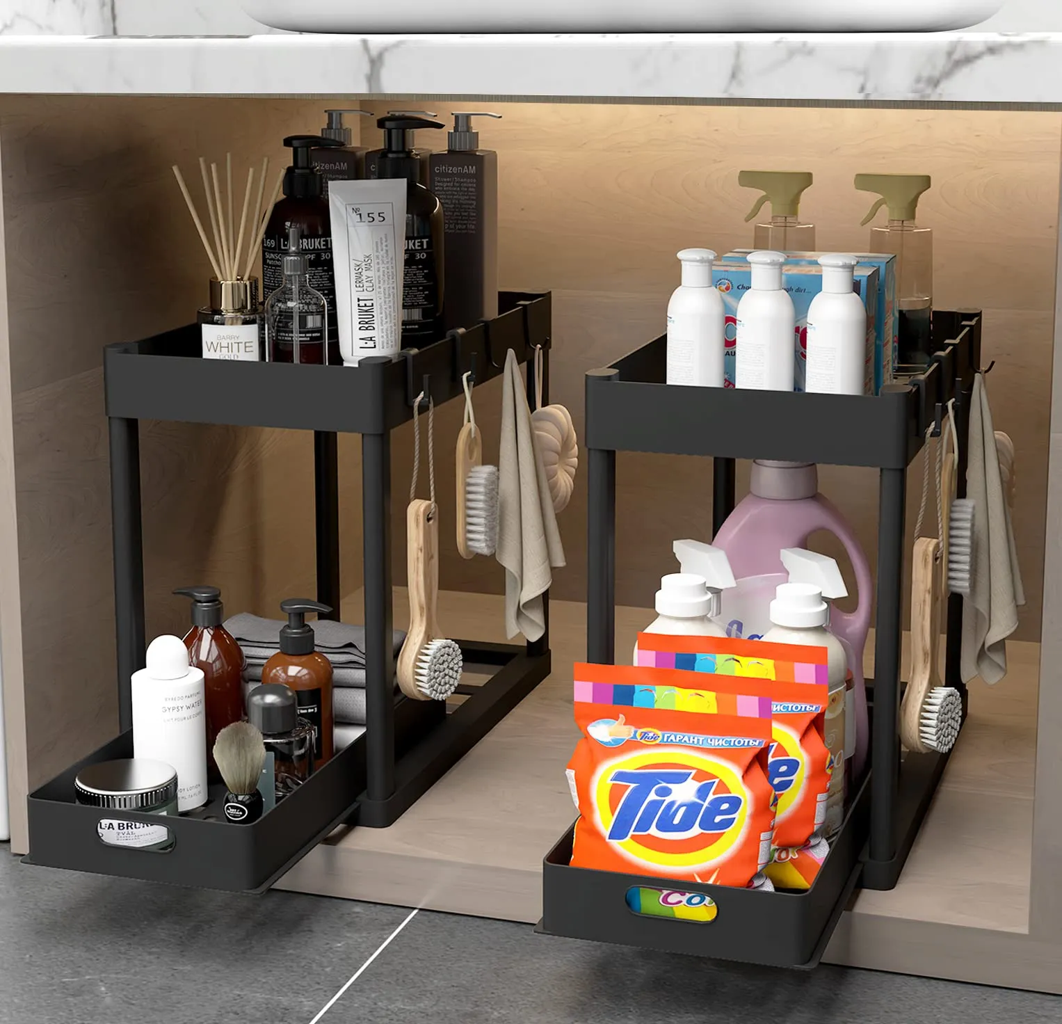 POUGNY 2PC Under Sink Organizer Rack 2 Tier Under Sliding Cabinet Basket Organizer Drawer with 4 Hooks, Multi-purpose Under Sink Storage for Bathroom Kitchen DesktopBlack