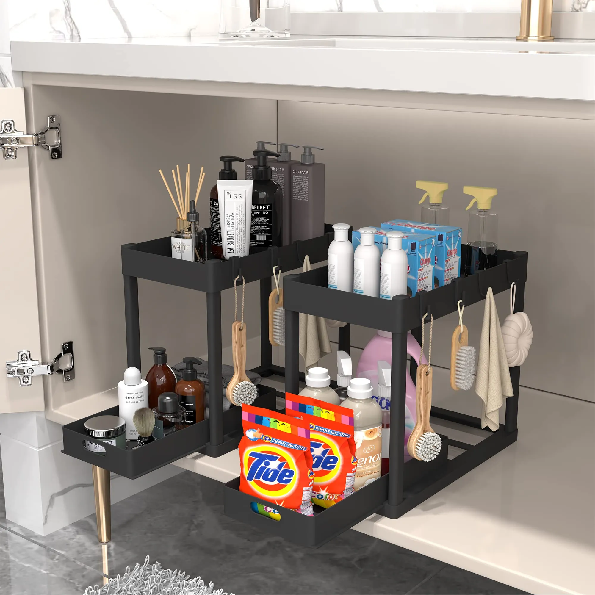 POUGNY 2PC Under Sink Organizer Rack 2 Tier Under Sliding Cabinet Basket Organizer Drawer with 4 Hooks, Multi-purpose Under Sink Storage for Bathroom Kitchen DesktopBlack