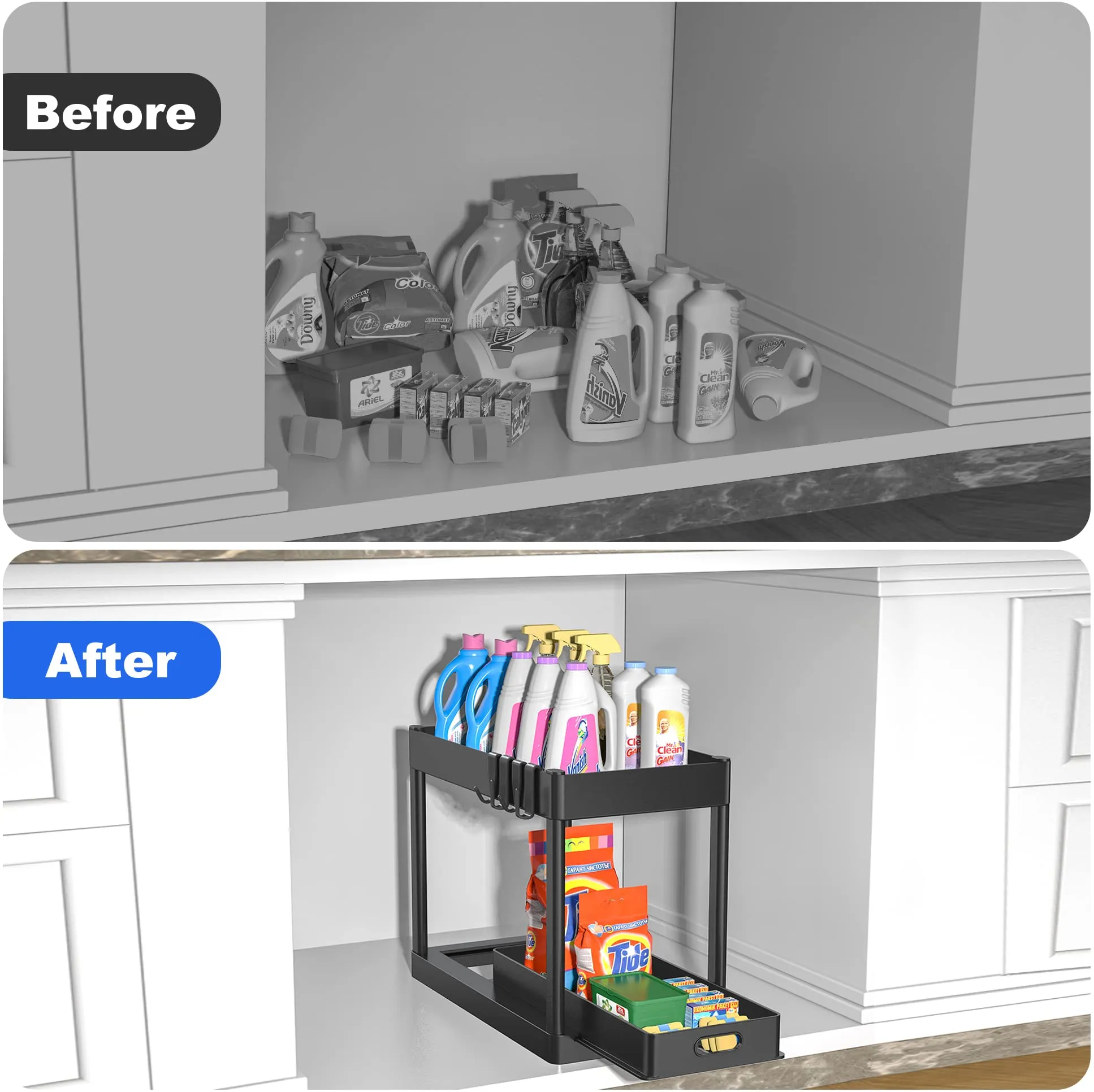 POUGNY 2PC Under Sink Organizer Rack 2 Tier Under Sliding Cabinet Basket Organizer Drawer with 4 Hooks, Multi-purpose Under Sink Storage for Bathroom Kitchen DesktopBlack