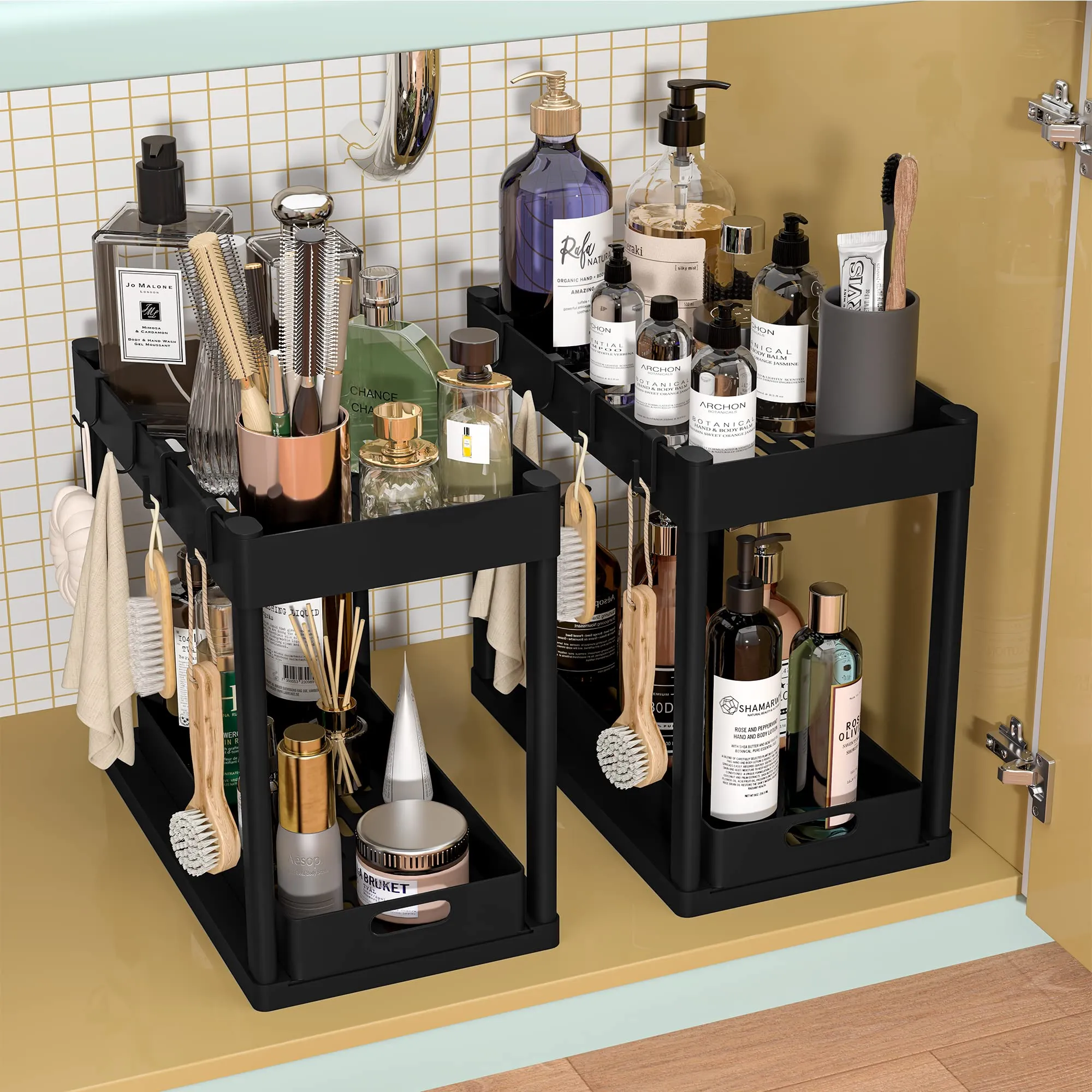 POUGNY 2PC Under Sink Organizer Rack 2 Tier Under Sliding Cabinet Basket Organizer Drawer with 4 Hooks, Multi-purpose Under Sink Storage for Bathroom Kitchen DesktopBlack
