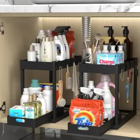 POUGNY 2PC Under Sink Organizer Rack 2 Tier Under Sliding Cabinet Basket Organizer Drawer with 4 Hooks, Multi-purpose Under Sink Storage for Bathroom Kitchen DesktopBlack