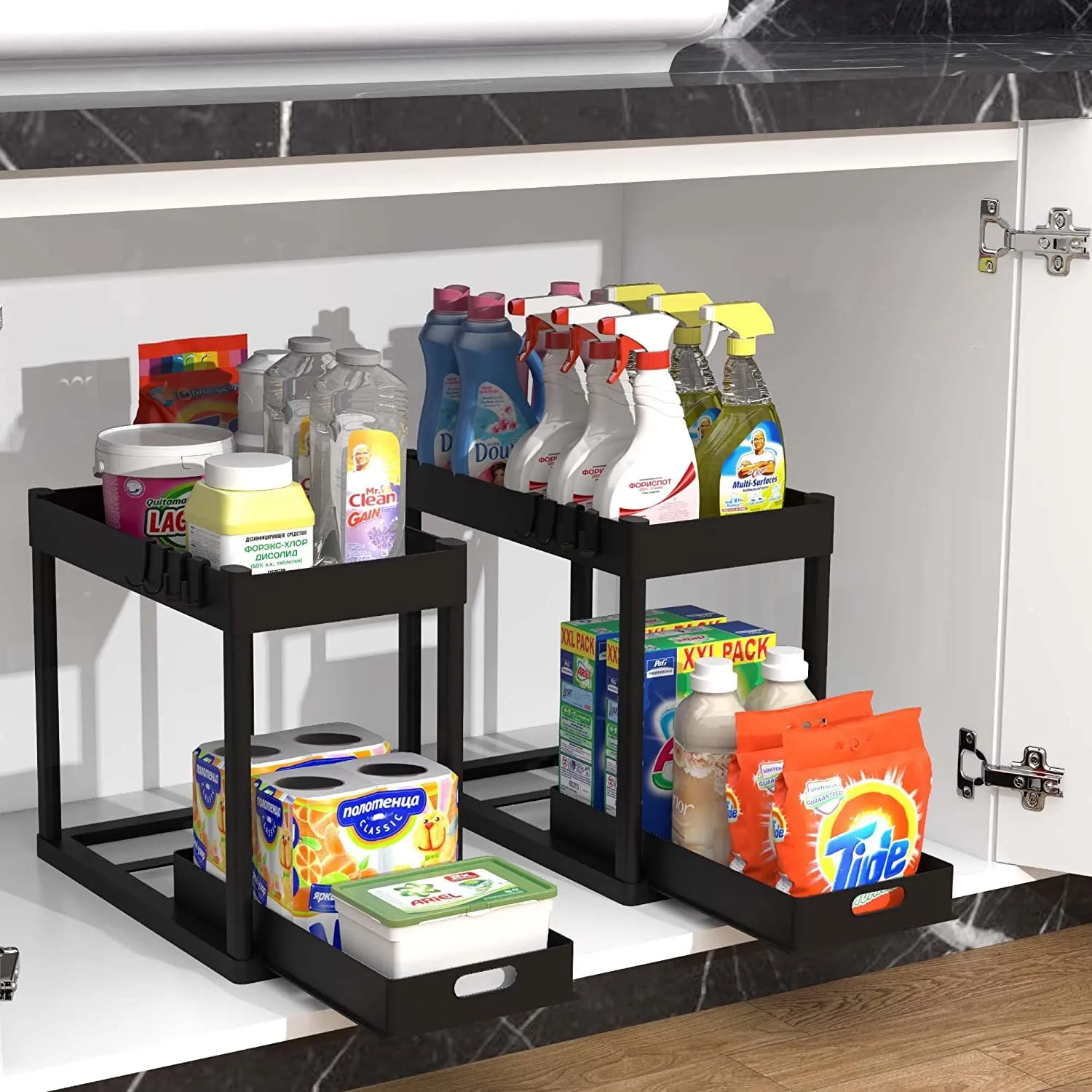POUGNY 2PC Under Sink Organizer Rack 2 Tier Under Sliding Cabinet Basket Organizer Drawer with 4 Hooks, Multi-purpose Under Sink Storage for Bathroom Kitchen DesktopBlack