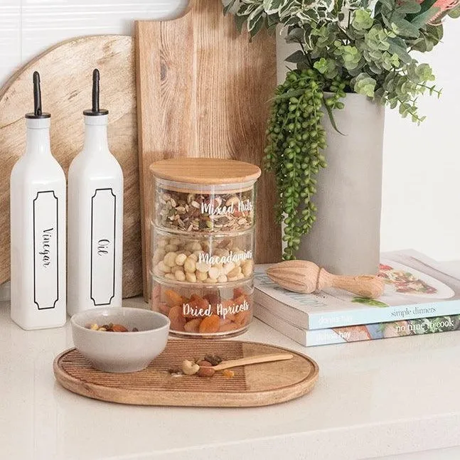 Round Stackable Bamboo Glass Jar Large Pack x 3