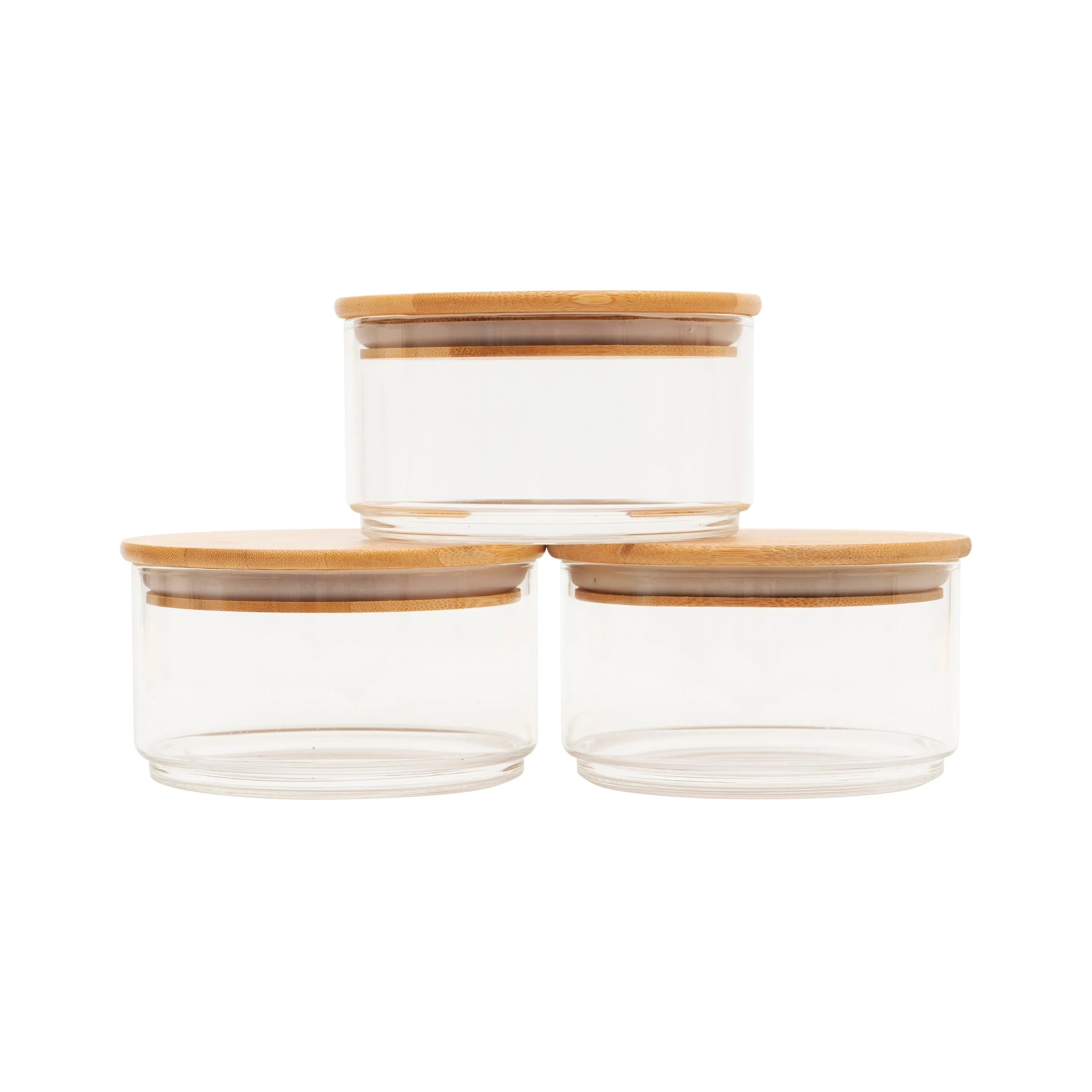 Round Stackable Bamboo Glass Jar Large Pack x 3