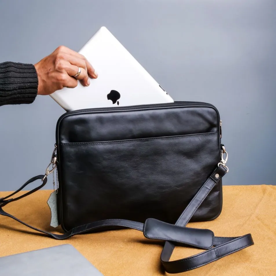 The Folio Sleek Slim Black Leather Laptop Bag