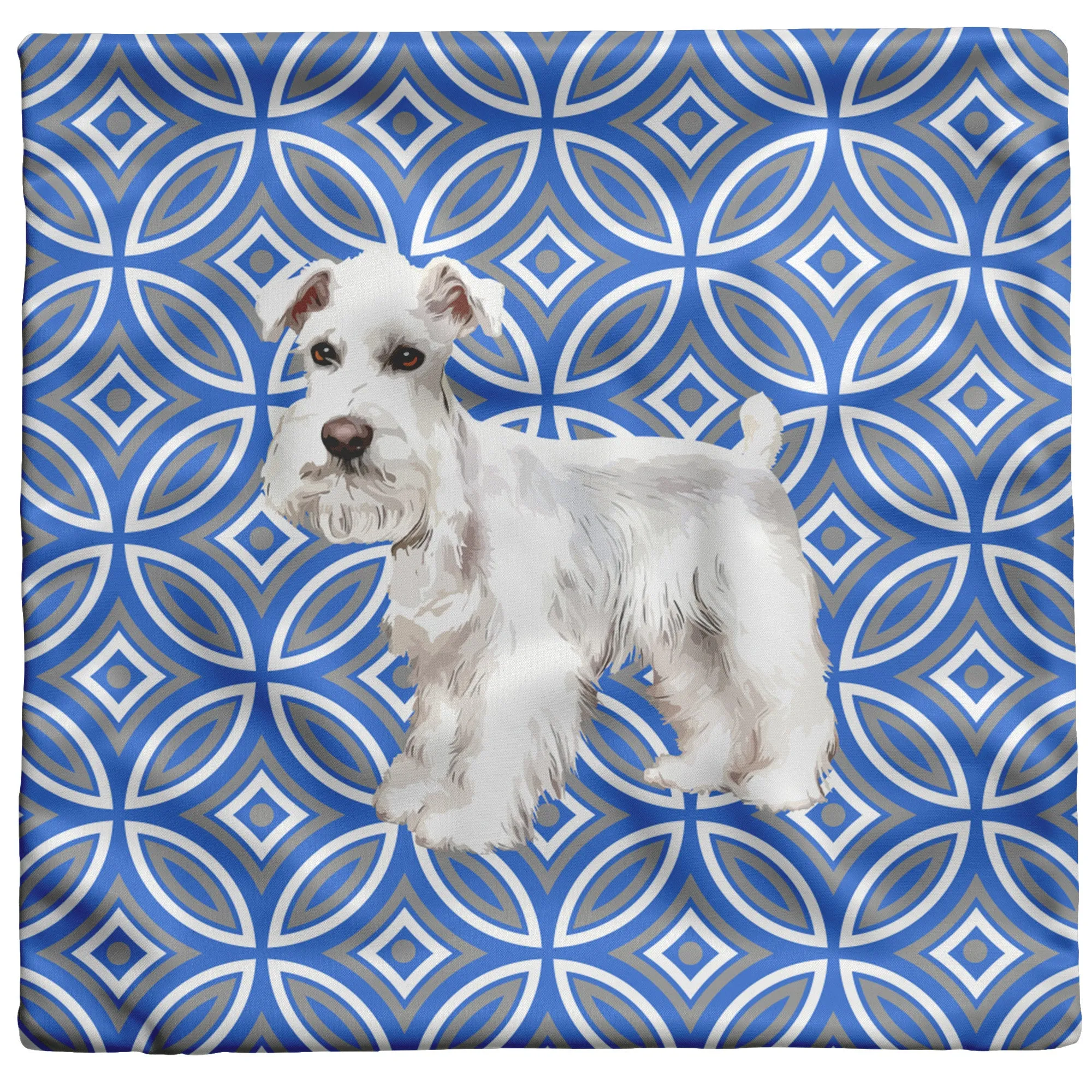 White Schnauzer Pillow - Blue Geometric Pattern