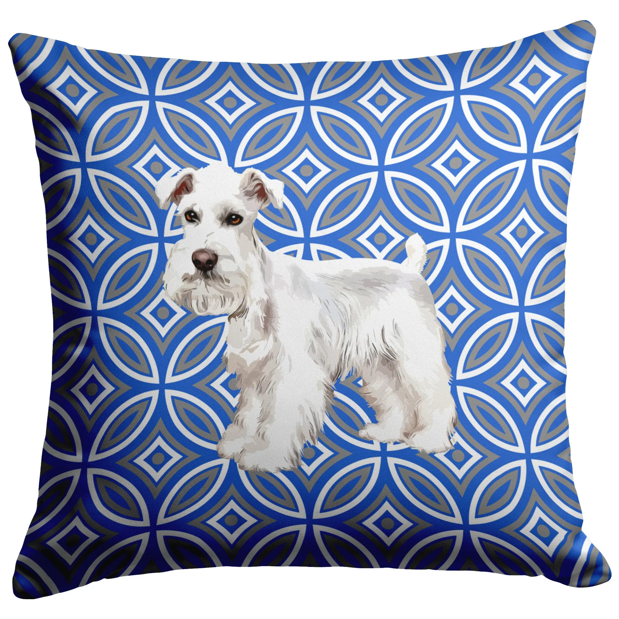 White Schnauzer Pillow - Blue Geometric Pattern