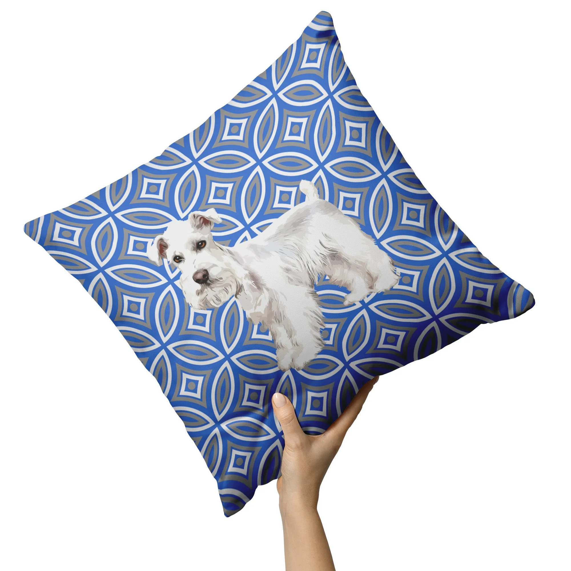 White Schnauzer Pillow - Blue Geometric Pattern
